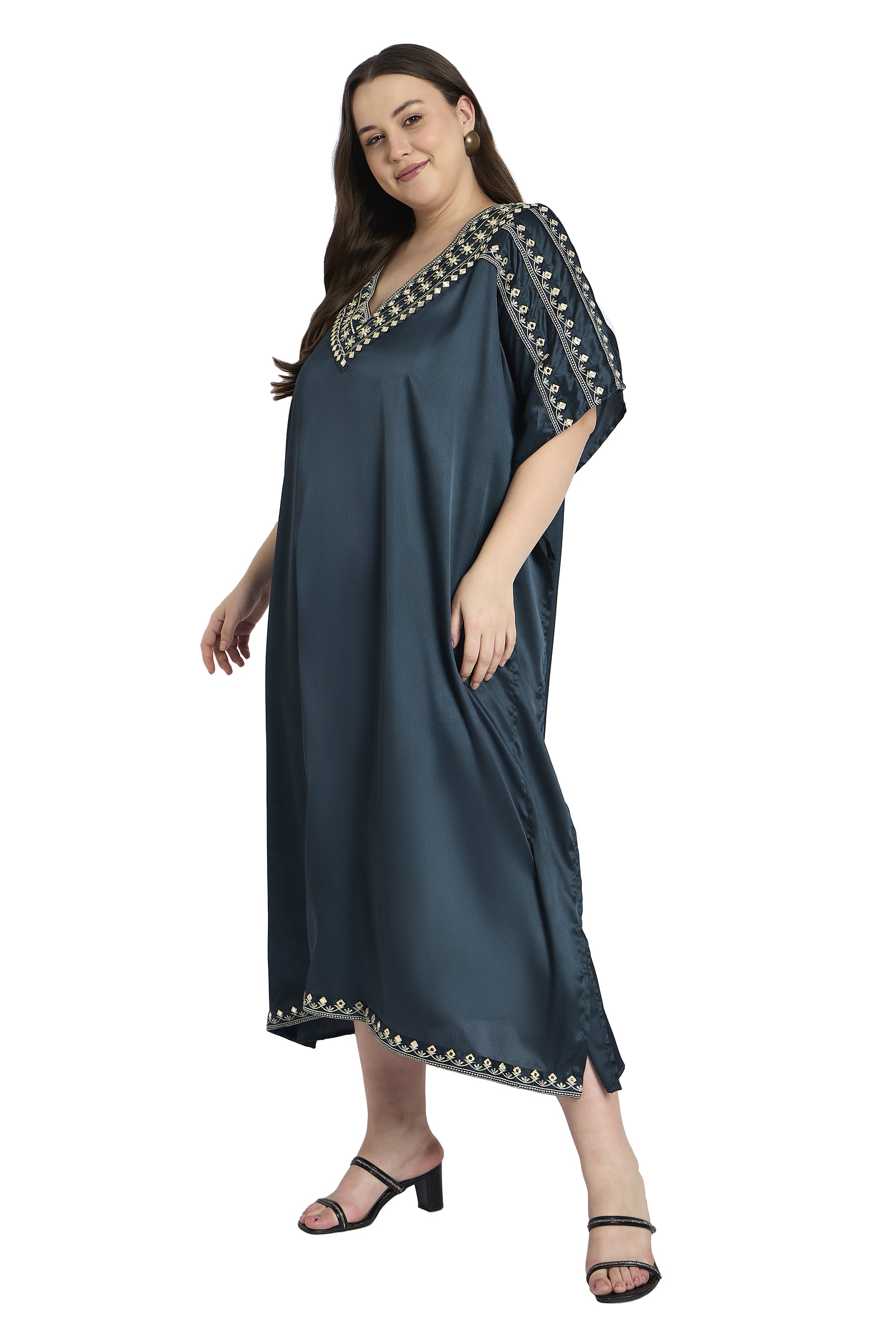 Gypsie Blu Dark Grey Embroidered Satin Kaftan for Plus Size Women