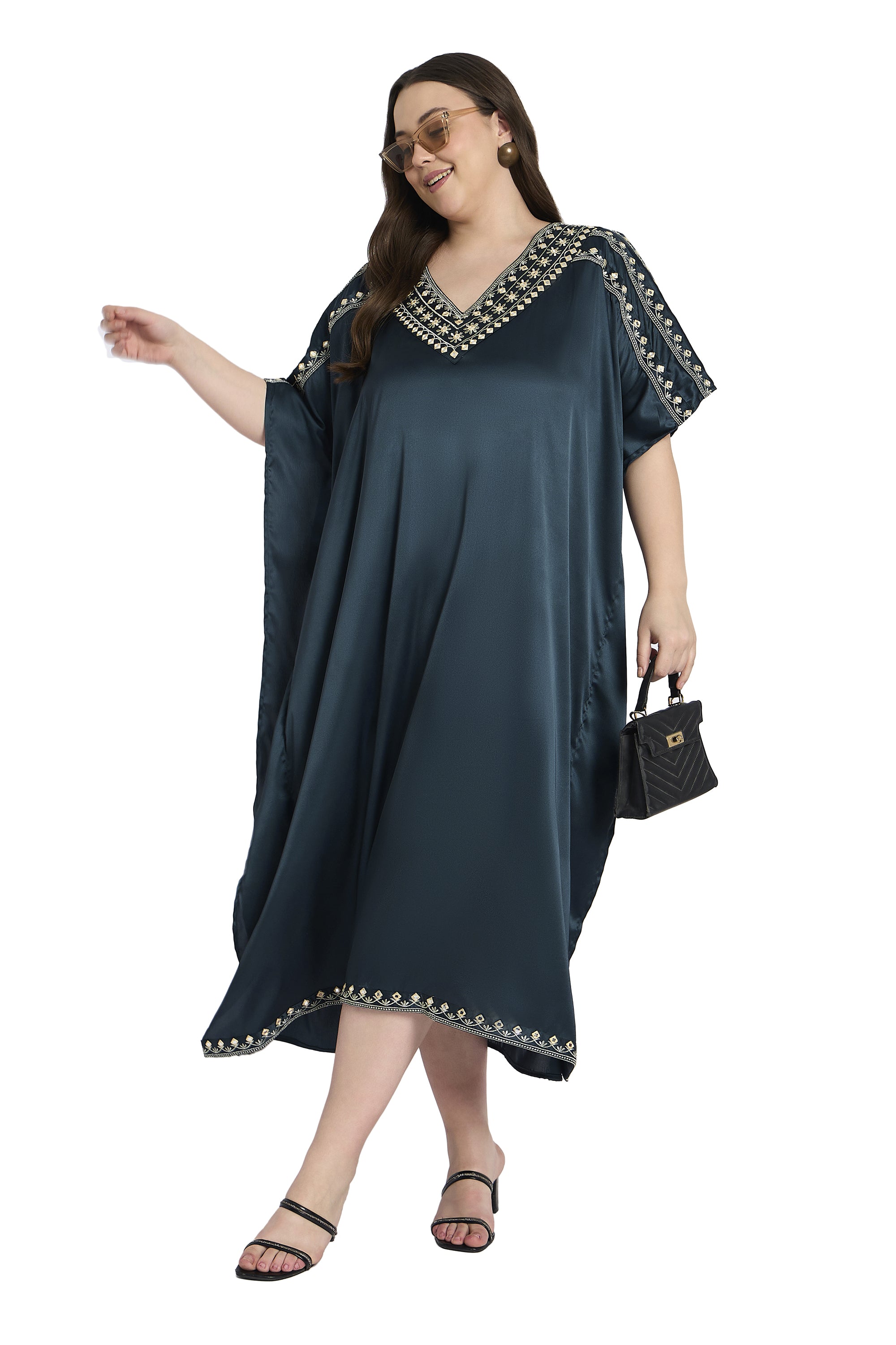 Gypsie Blu Dark Grey Embroidered Satin Kaftan for Plus Size Women