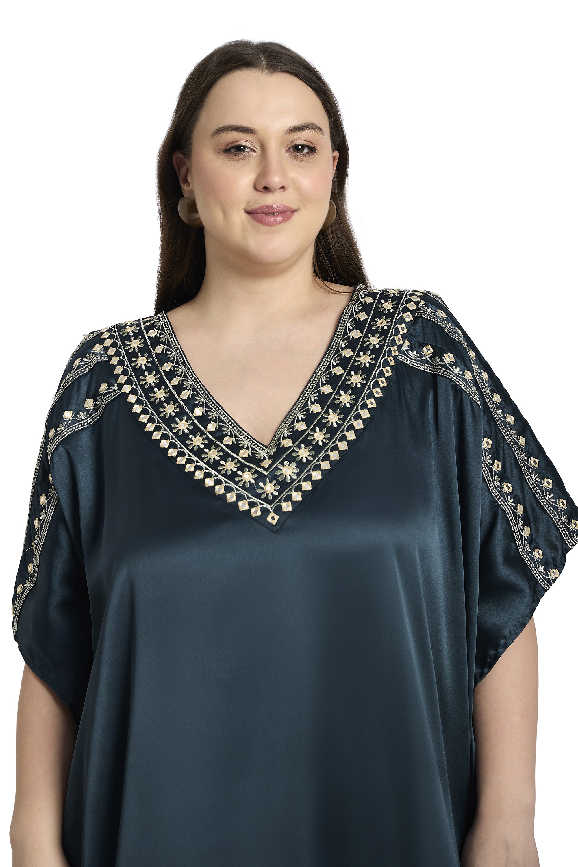 Gypsie Blu Dark Grey Embroidered Satin Kaftan for Plus Size Women