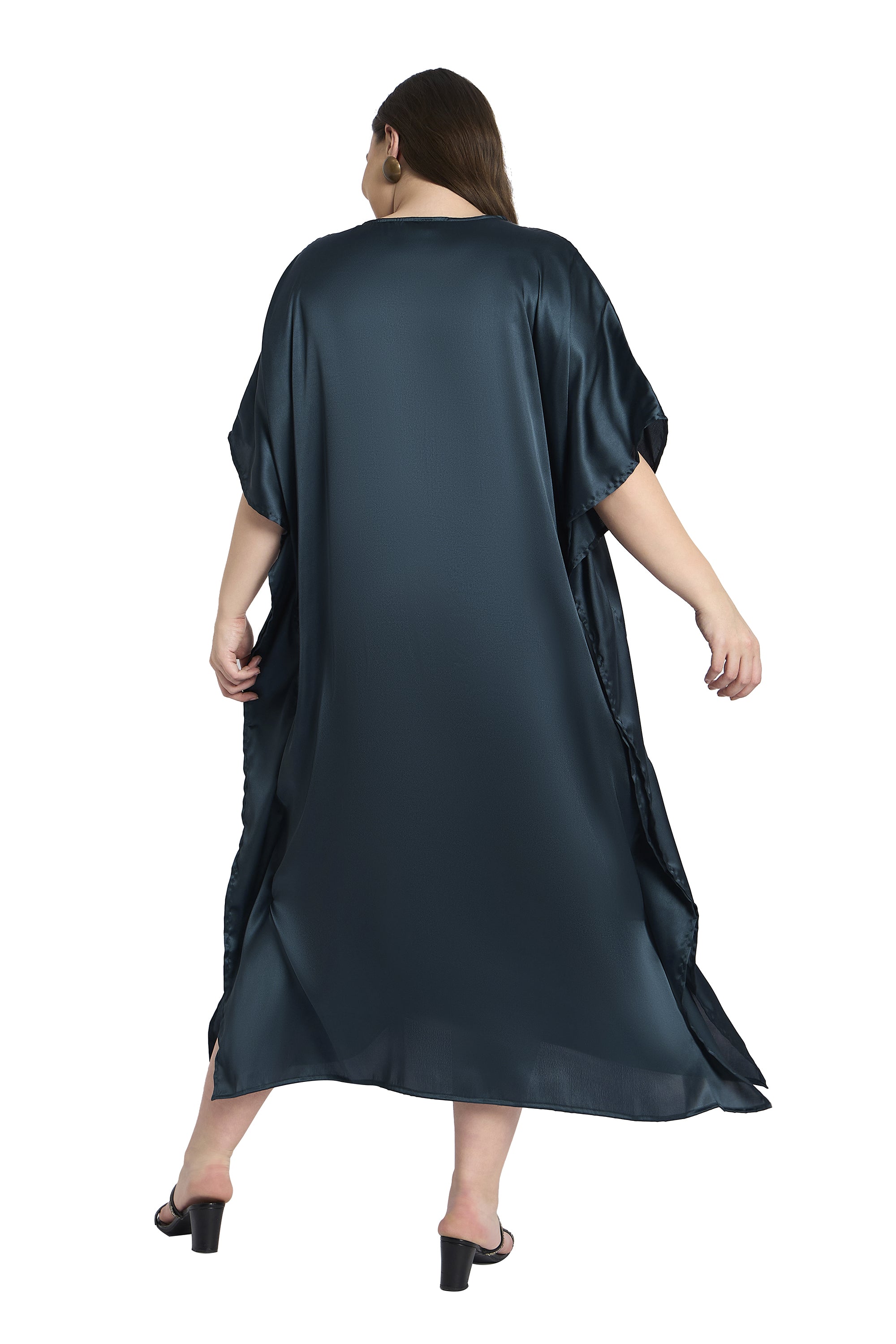 Gypsie Blu Dark Grey Embroidered Satin Kaftan for Plus Size Women