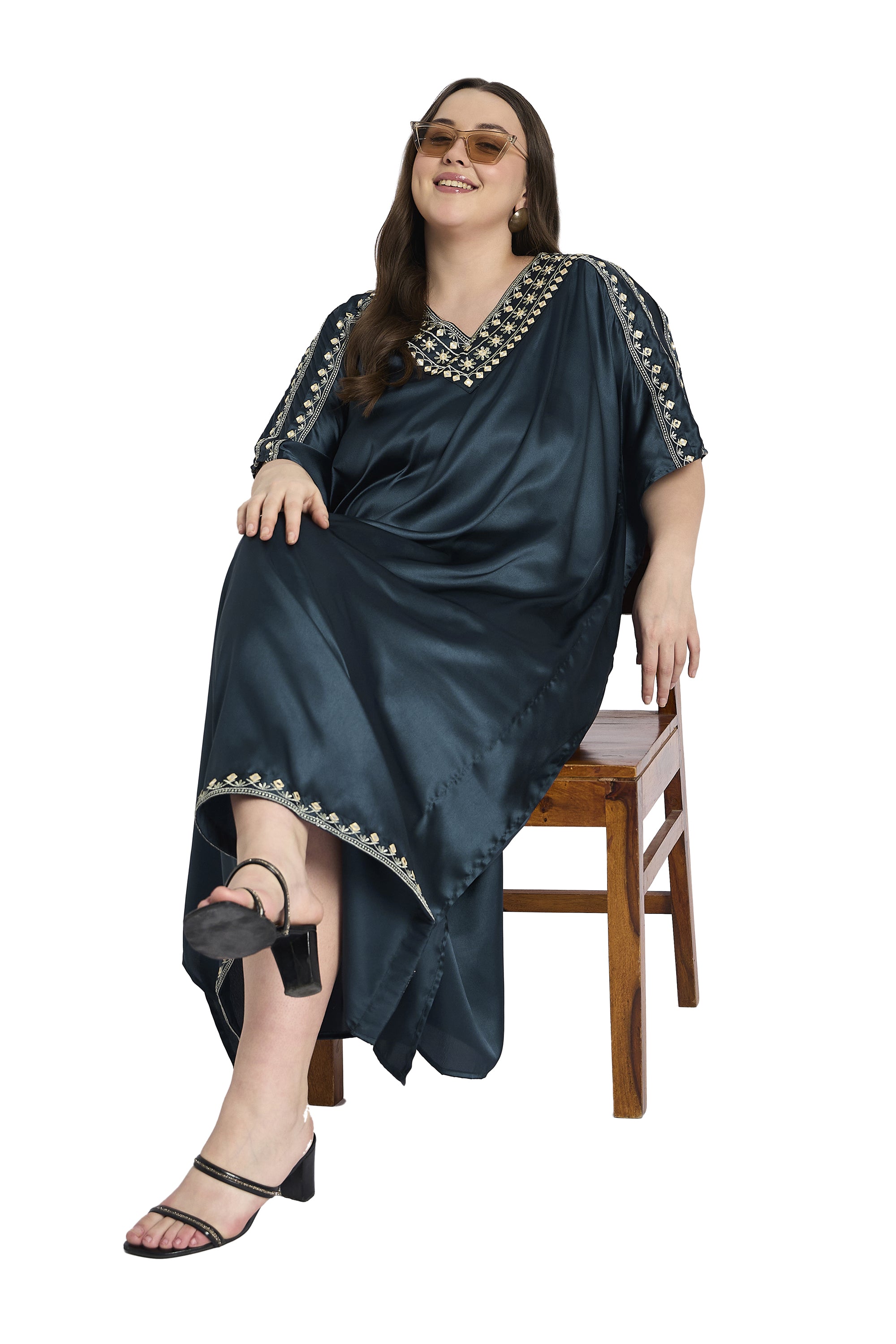 Gypsie Blu Dark Grey Embroidered Satin Kaftan for Plus Size Women