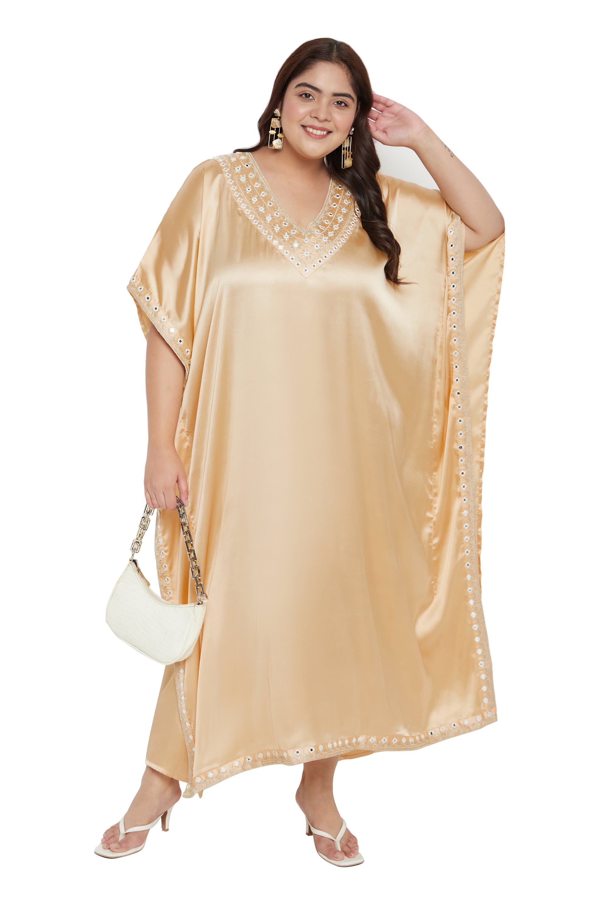 Solid Embroidery Apricot Tan Satin Kaftan For Plus Size Women