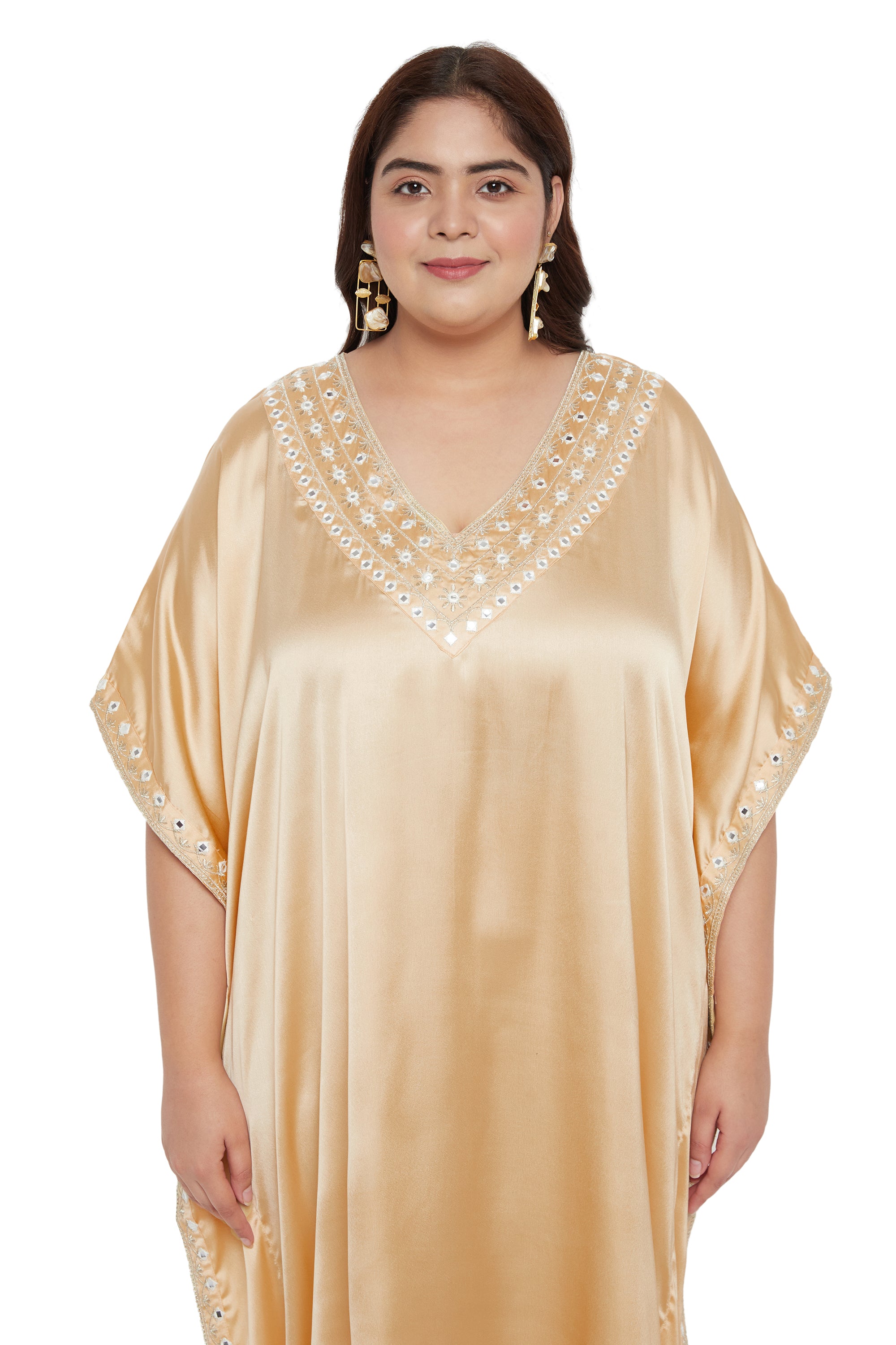 Solid Embroidery Apricot Tan Satin Kaftan For Plus Size Women