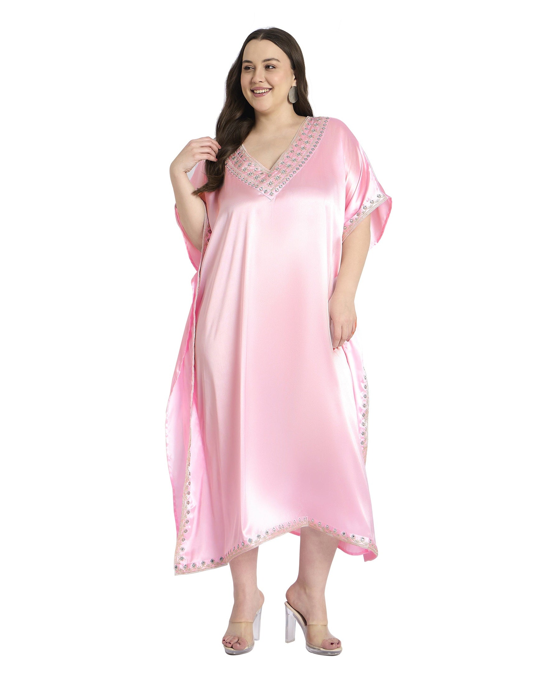 Gypsie Blu Light Pink Women Satin Plus Size Kaftan with Embroidery