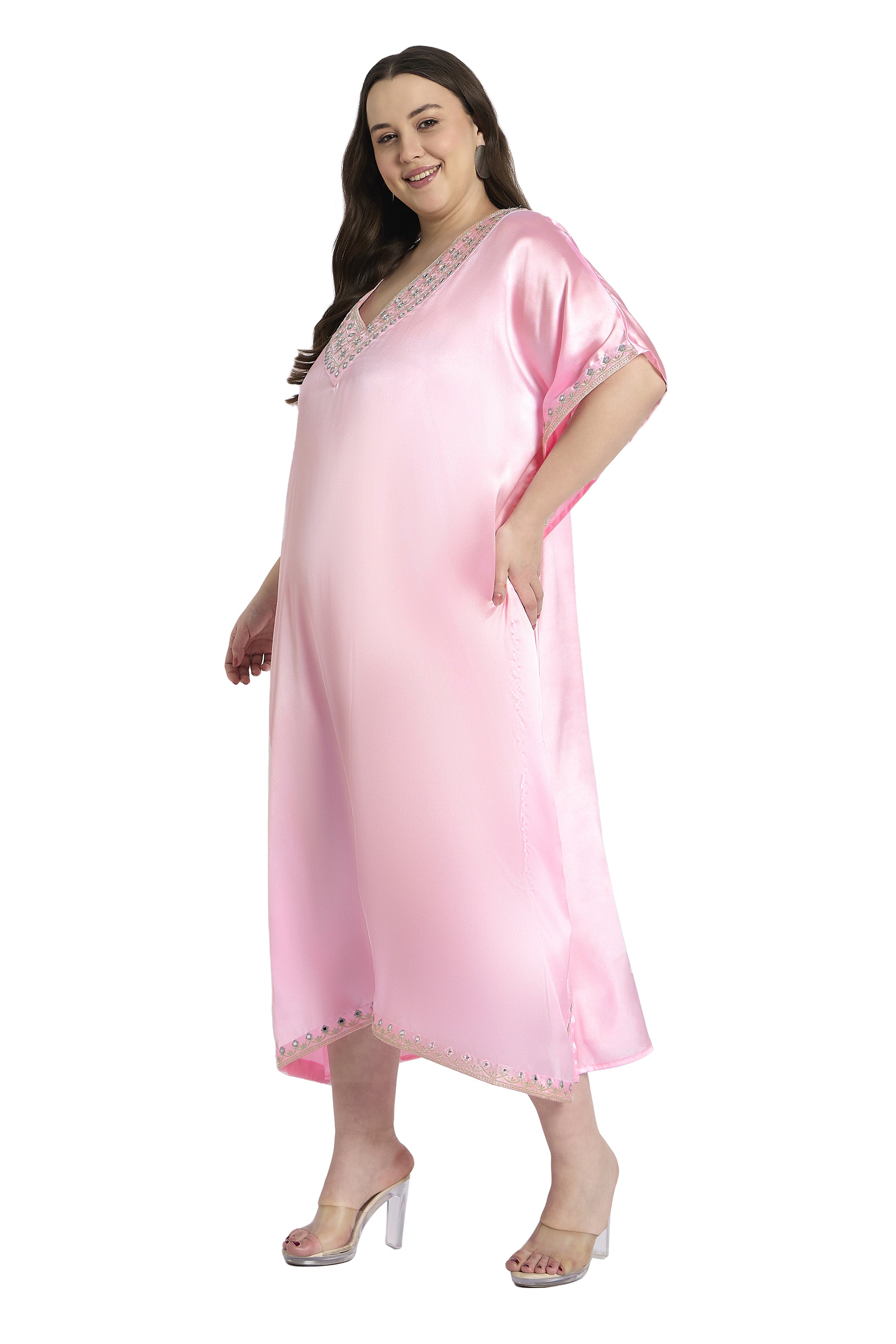 Gypsie Blu Light Pink Women Satin Plus Size Kaftan with Embroidery