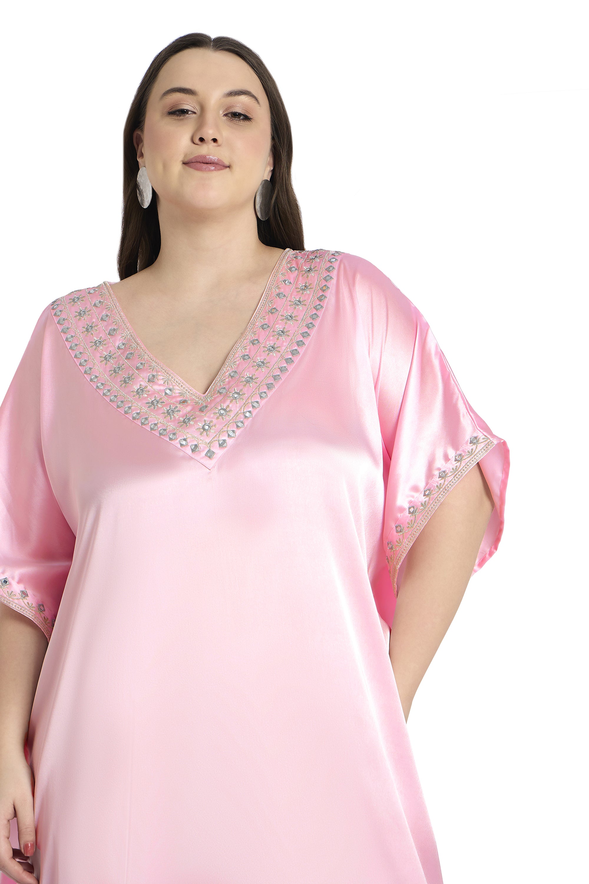 Gypsie Blu Light Pink Women Satin Plus Size Kaftan with Embroidery