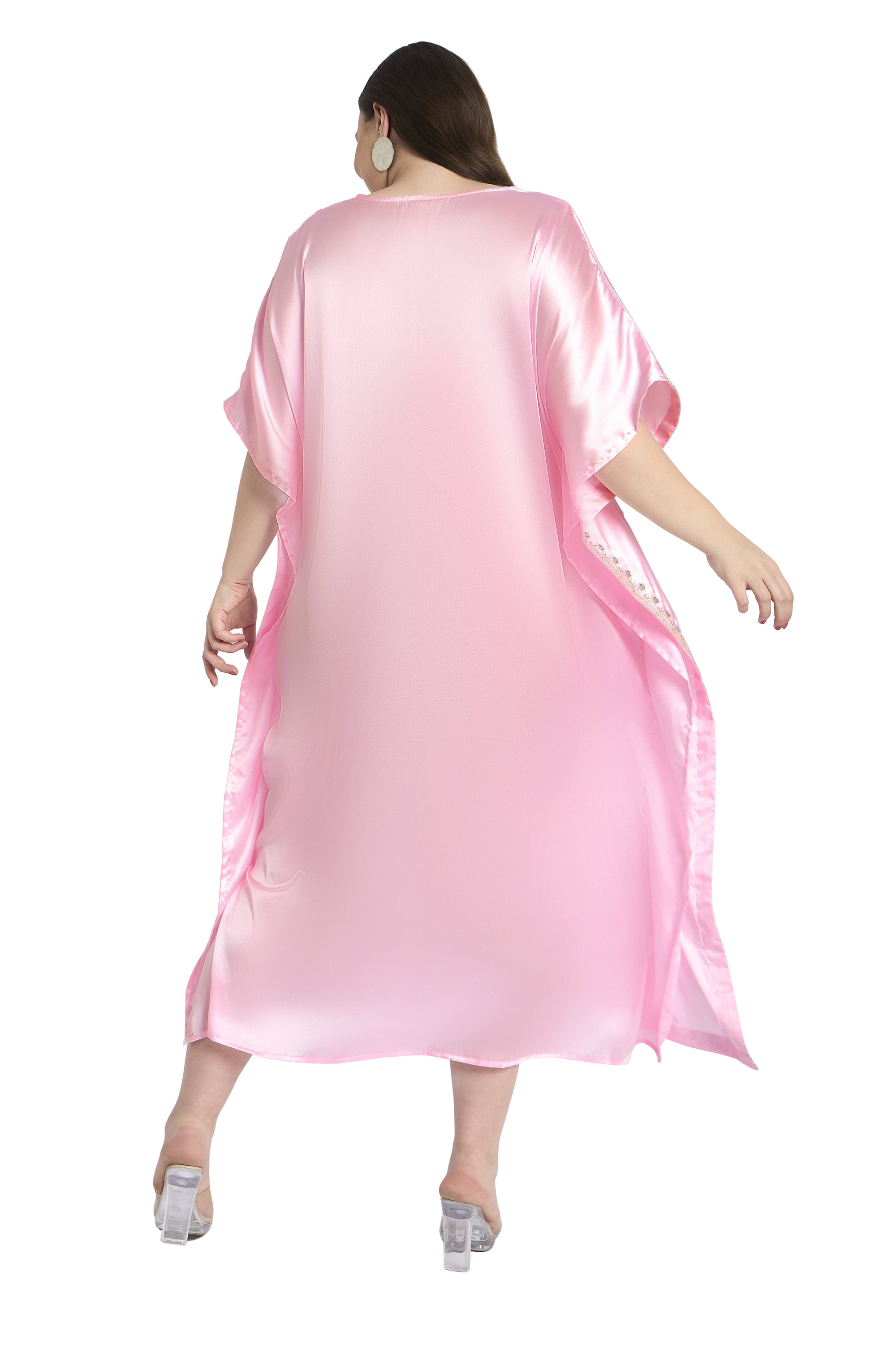 Gypsie Blu Light Pink Women Satin Plus Size Kaftan with Embroidery