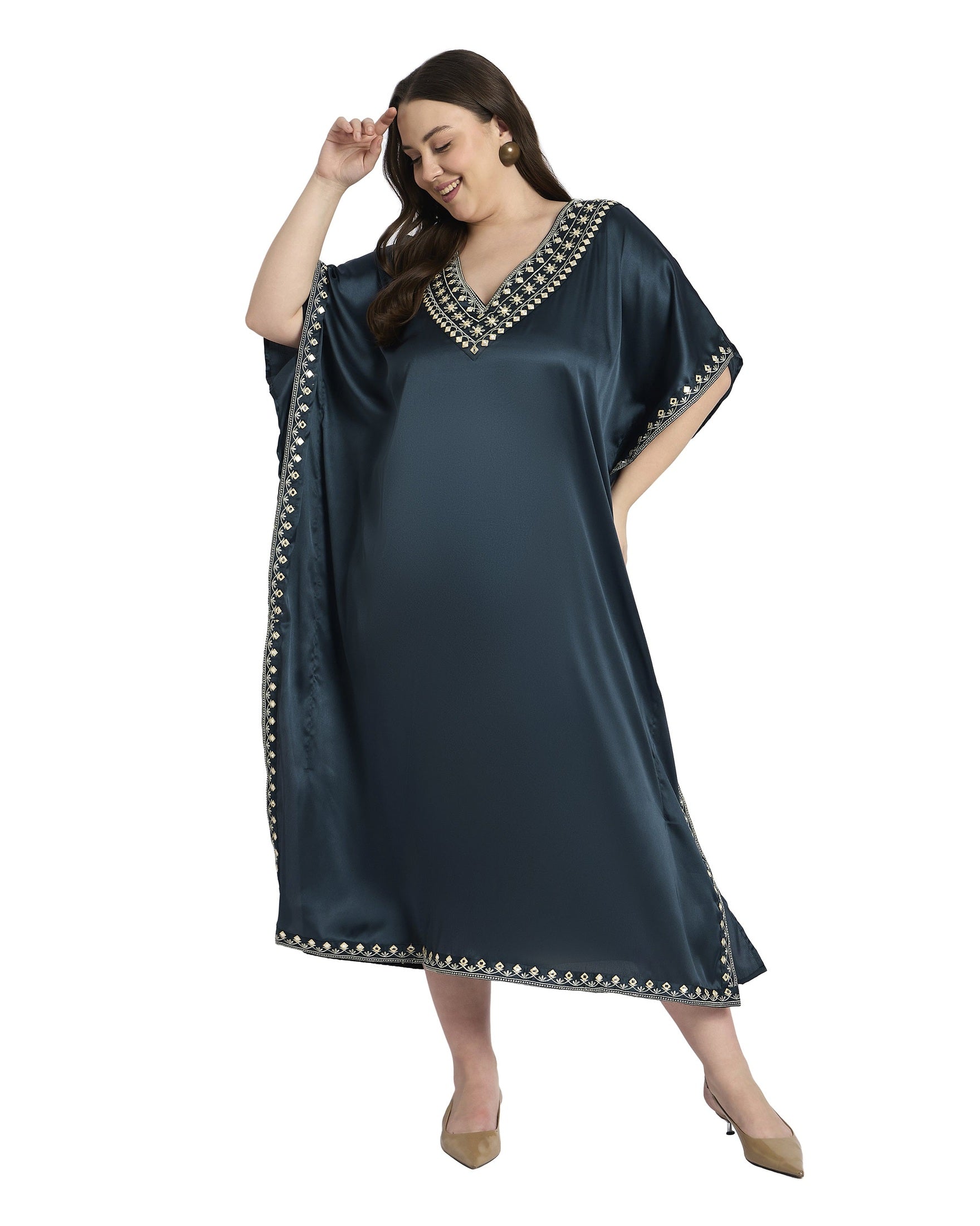Gypsie Blu Dark Grey Embroidered Satin Plus Size Kaftan Dress