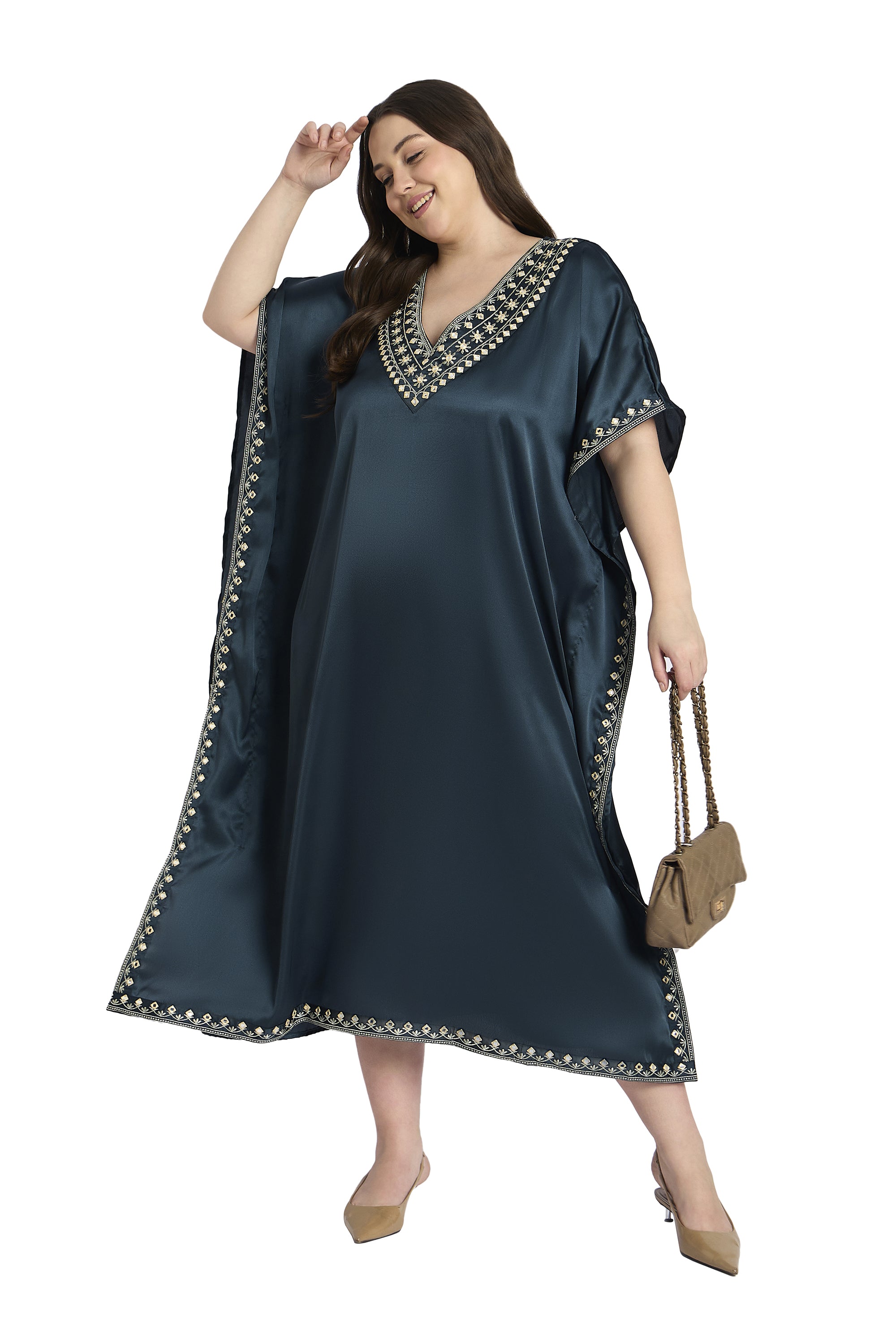 Gypsie Blu Dark Grey Embroidered Satin Plus Size Kaftan Dress