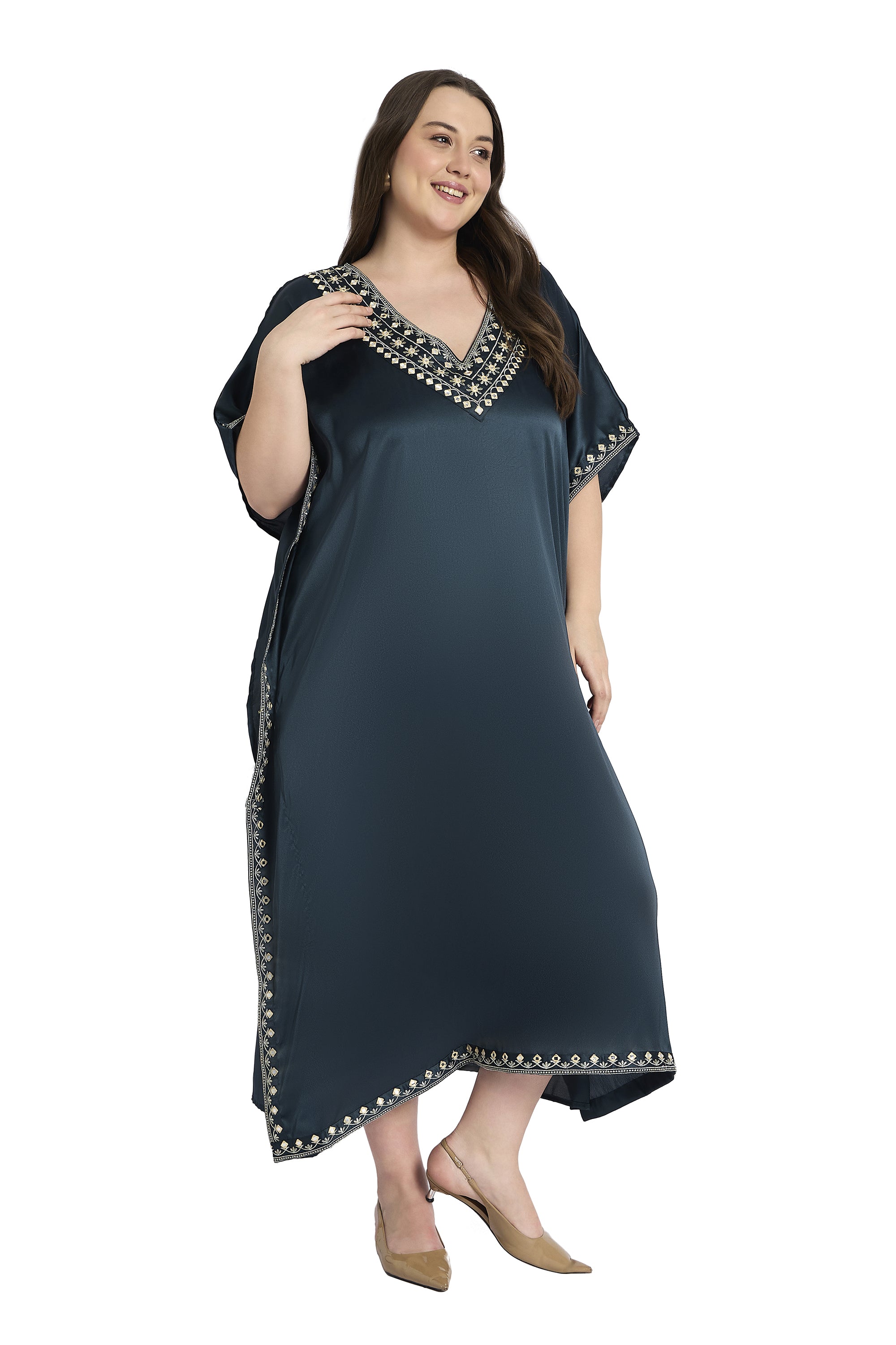 Gypsie Blu Dark Grey Embroidered Satin Plus Size Kaftan Dress