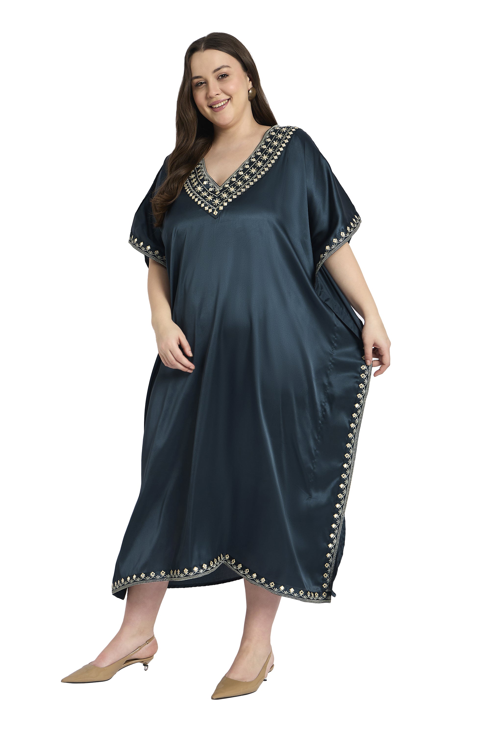 Gypsie Blu Dark Grey Embroidered Satin Plus Size Kaftan Dress