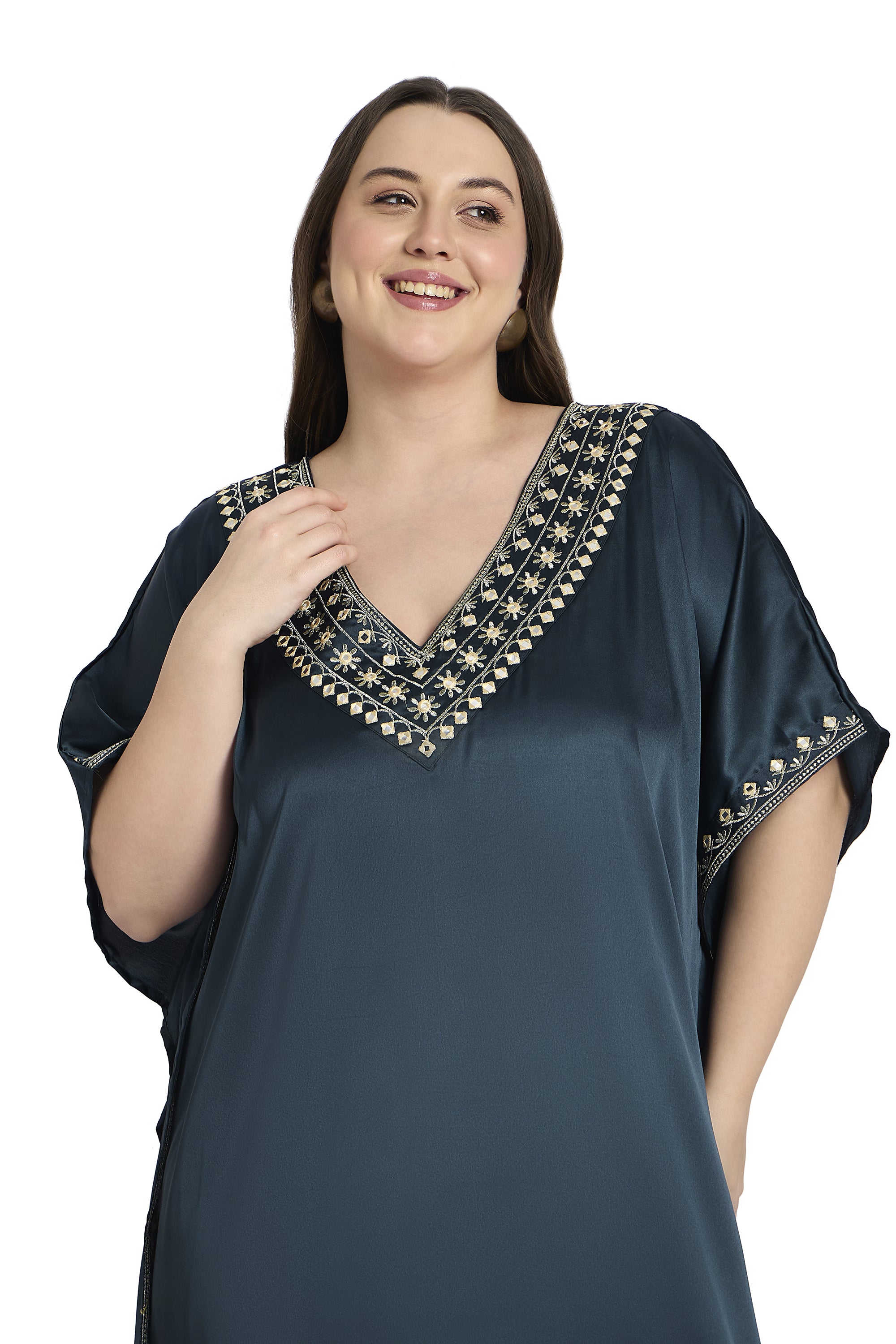 Gypsie Blu Dark Grey Embroidered Satin Plus Size Kaftan Dress
