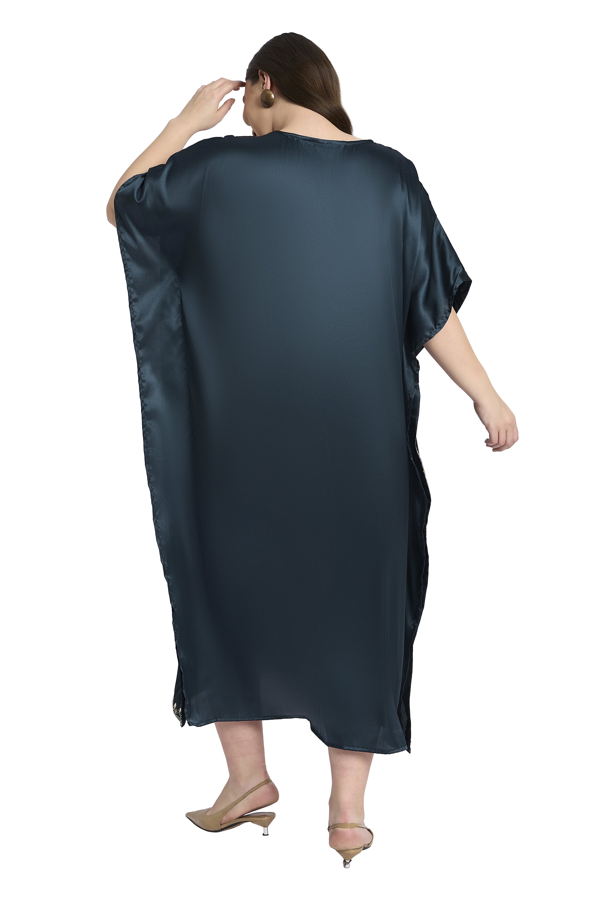 Gypsie Blu Dark Grey Embroidered Satin Plus Size Kaftan Dress