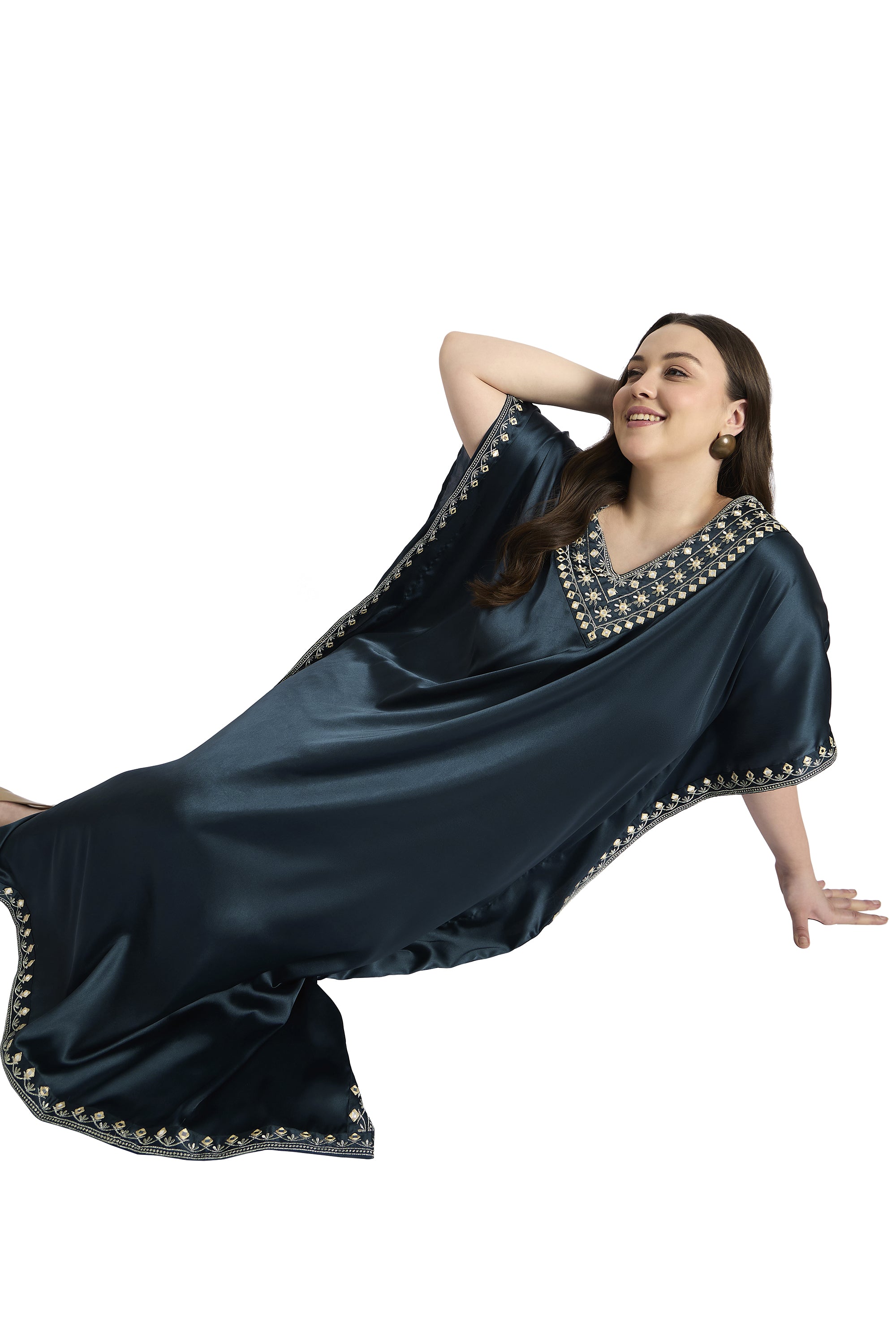 Gypsie Blu Dark Grey Embroidered Satin Plus Size Kaftan Dress