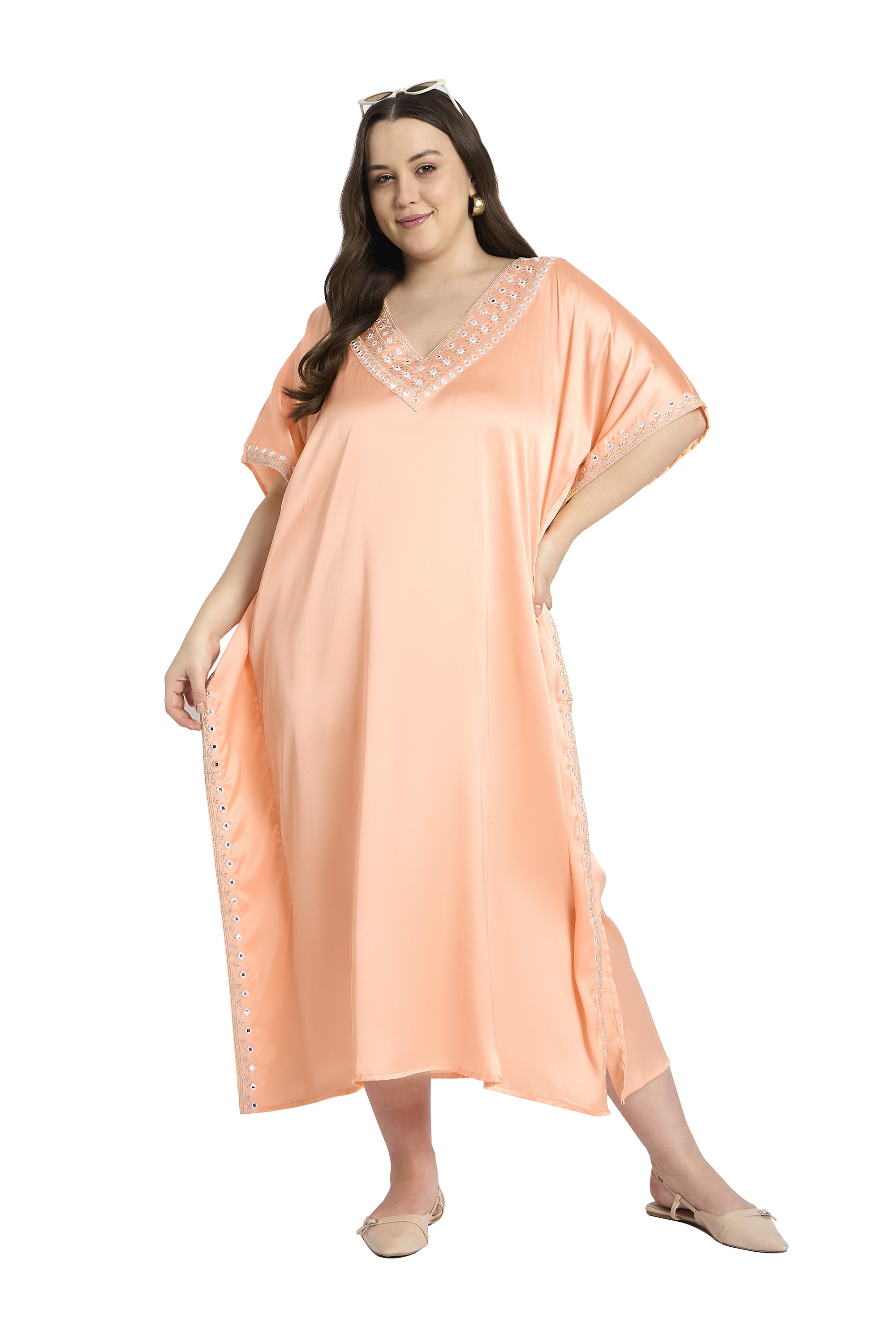 Embroidered Satin Peach Plus Size Kaftan Dress for Women