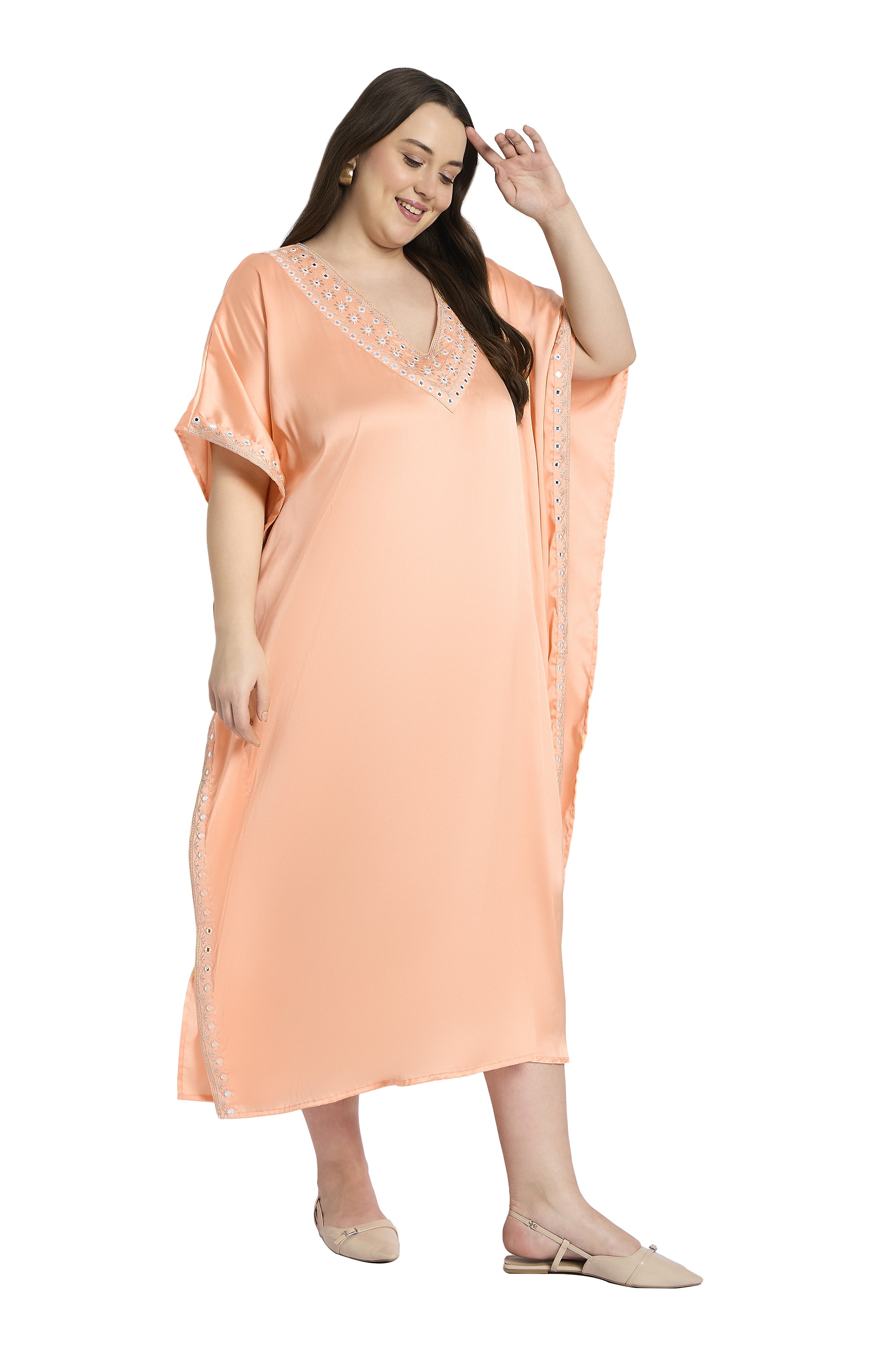 Embroidered Satin Peach Plus Size Kaftan Dress for Women