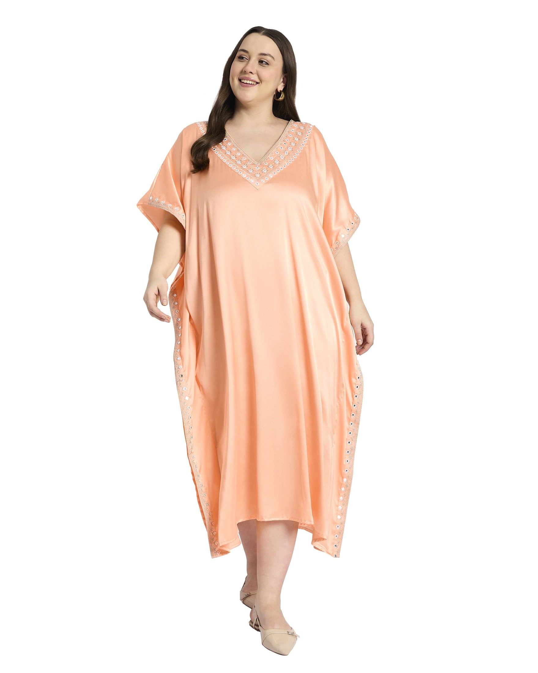 Embroidered Satin Peach Plus Size Kaftan Dress for Women