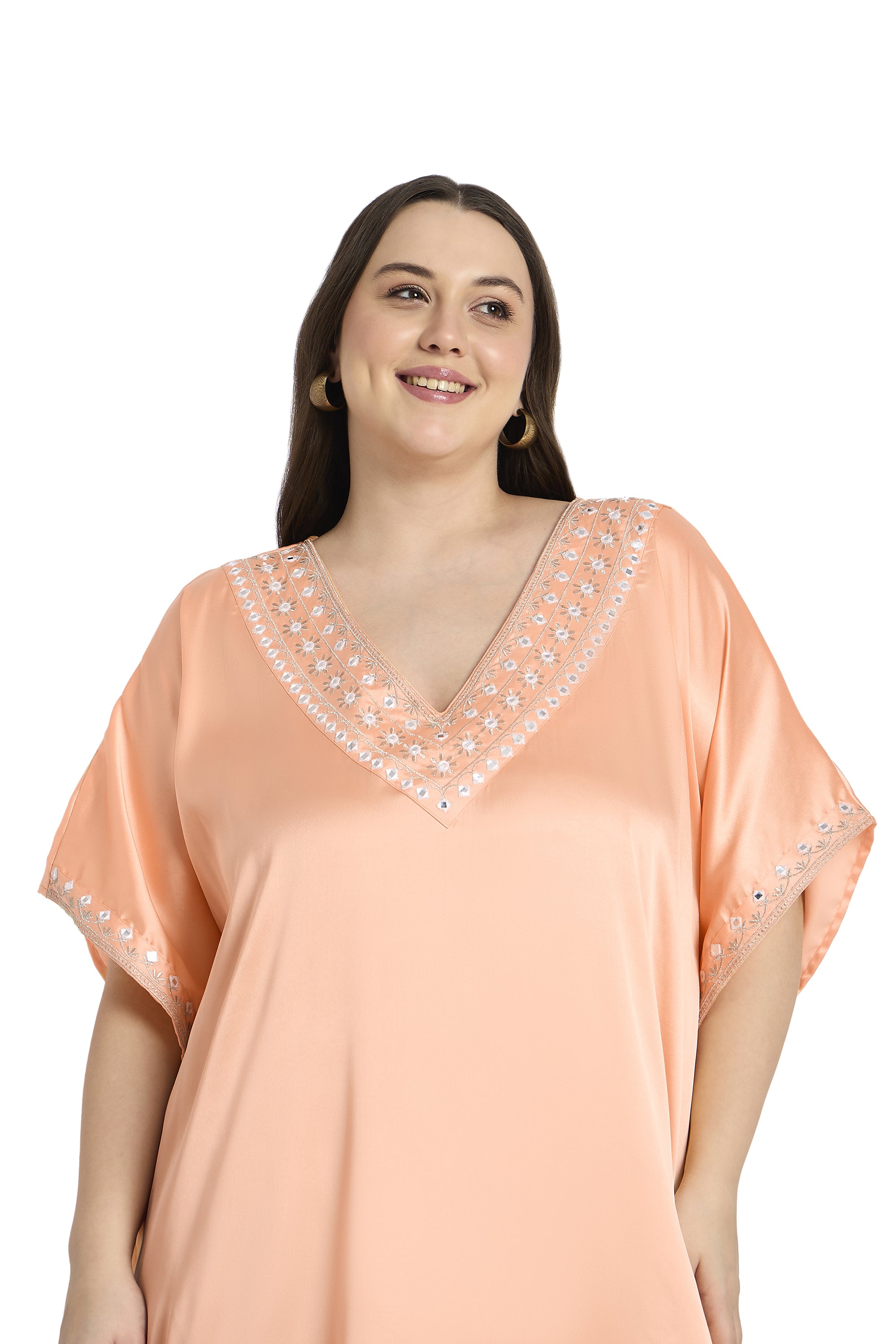 Embroidered Satin Peach Plus Size Kaftan Dress for Women