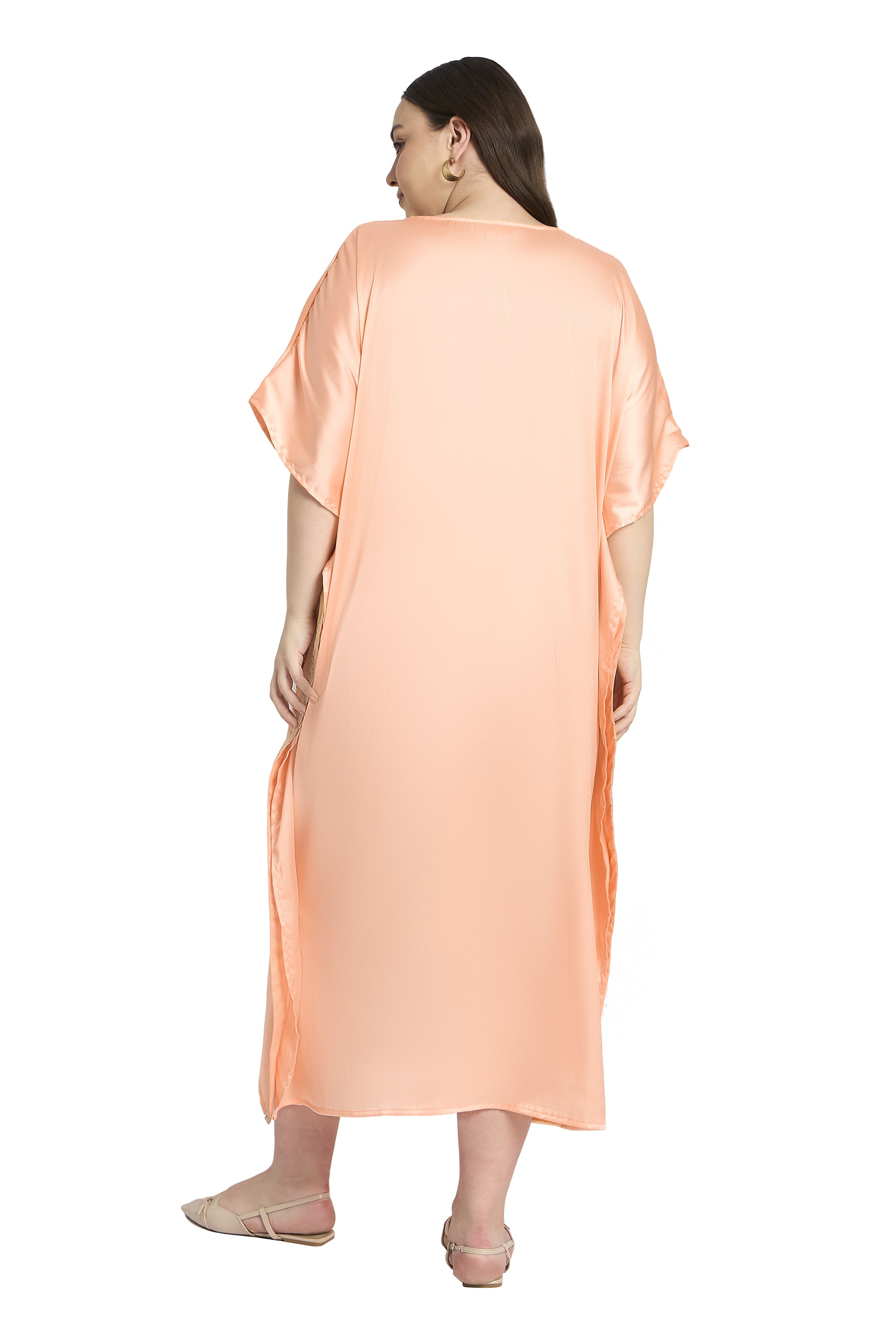 Embroidered Satin Peach Plus Size Kaftan Dress for Women