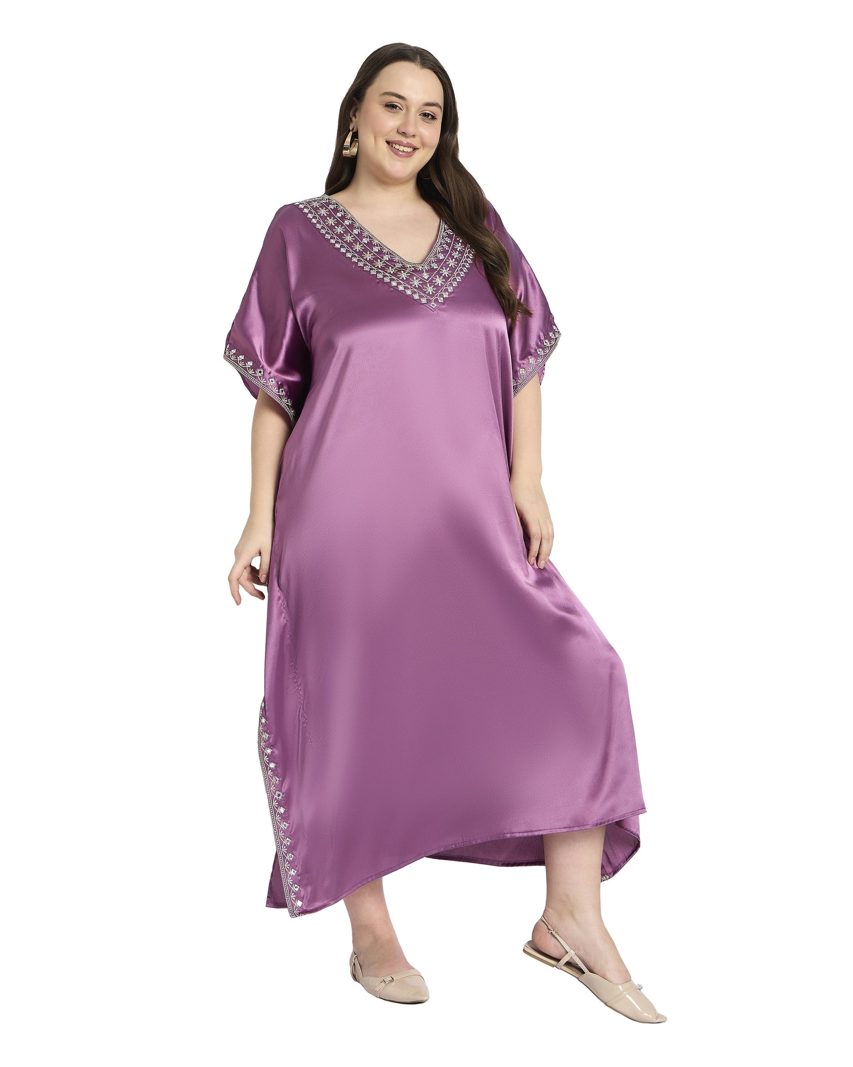 Purple Embroidered Satin Plus Size Kaftan Date Night Dress