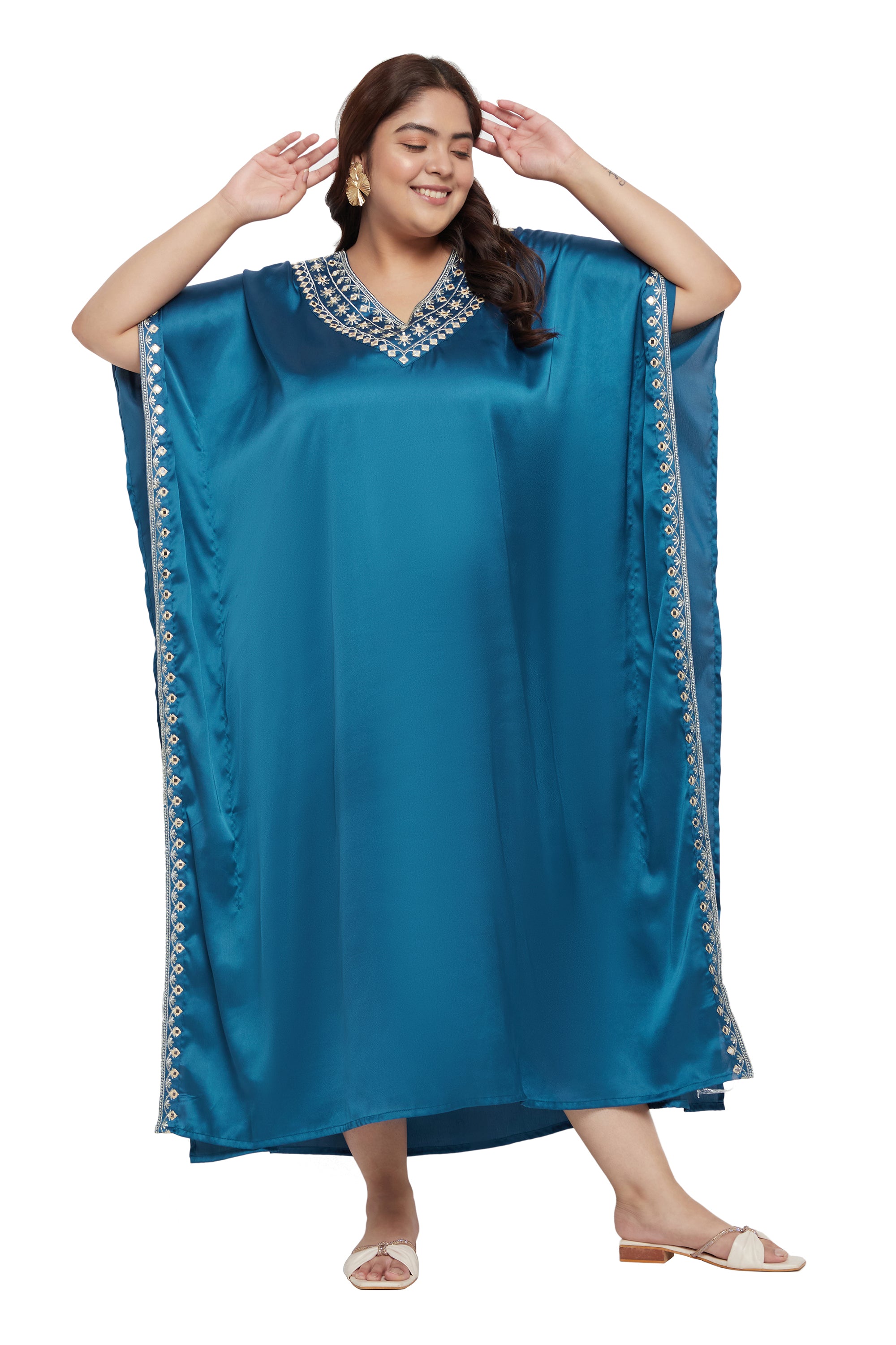 Solid Embroidery Lace Corsair Blue Satin For Plus Size Women Kaftan