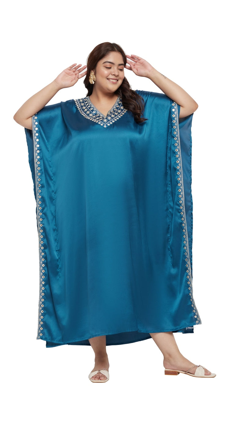 Solid Embroidery Lace Corsair Blue Satin For Plus Size Women Kaftan - SKU EKFT-1003-CSBL - Gypsie Blu