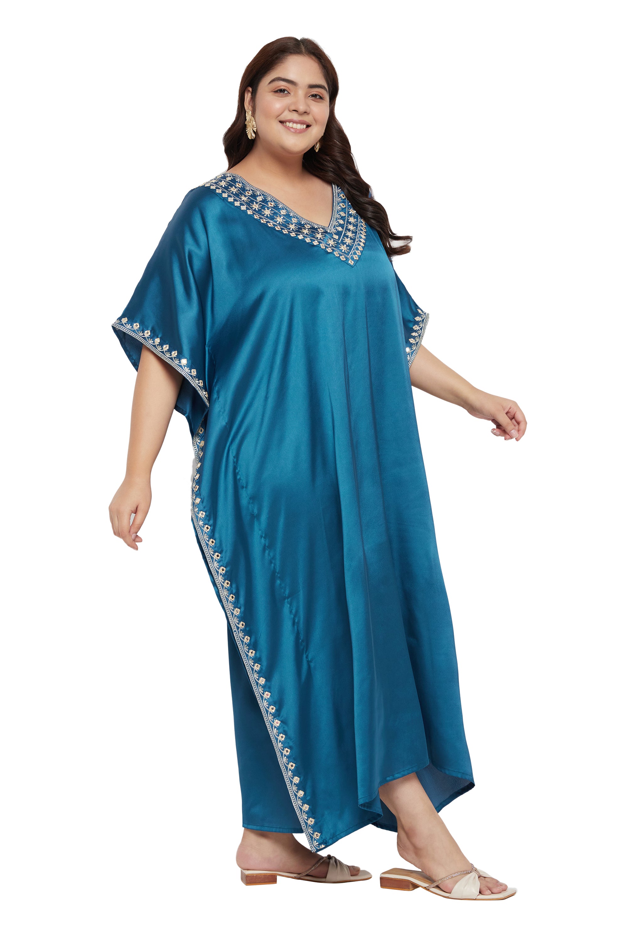 Solid Embroidery Lace Corsair Blue Satin For Plus Size Women Kaftan