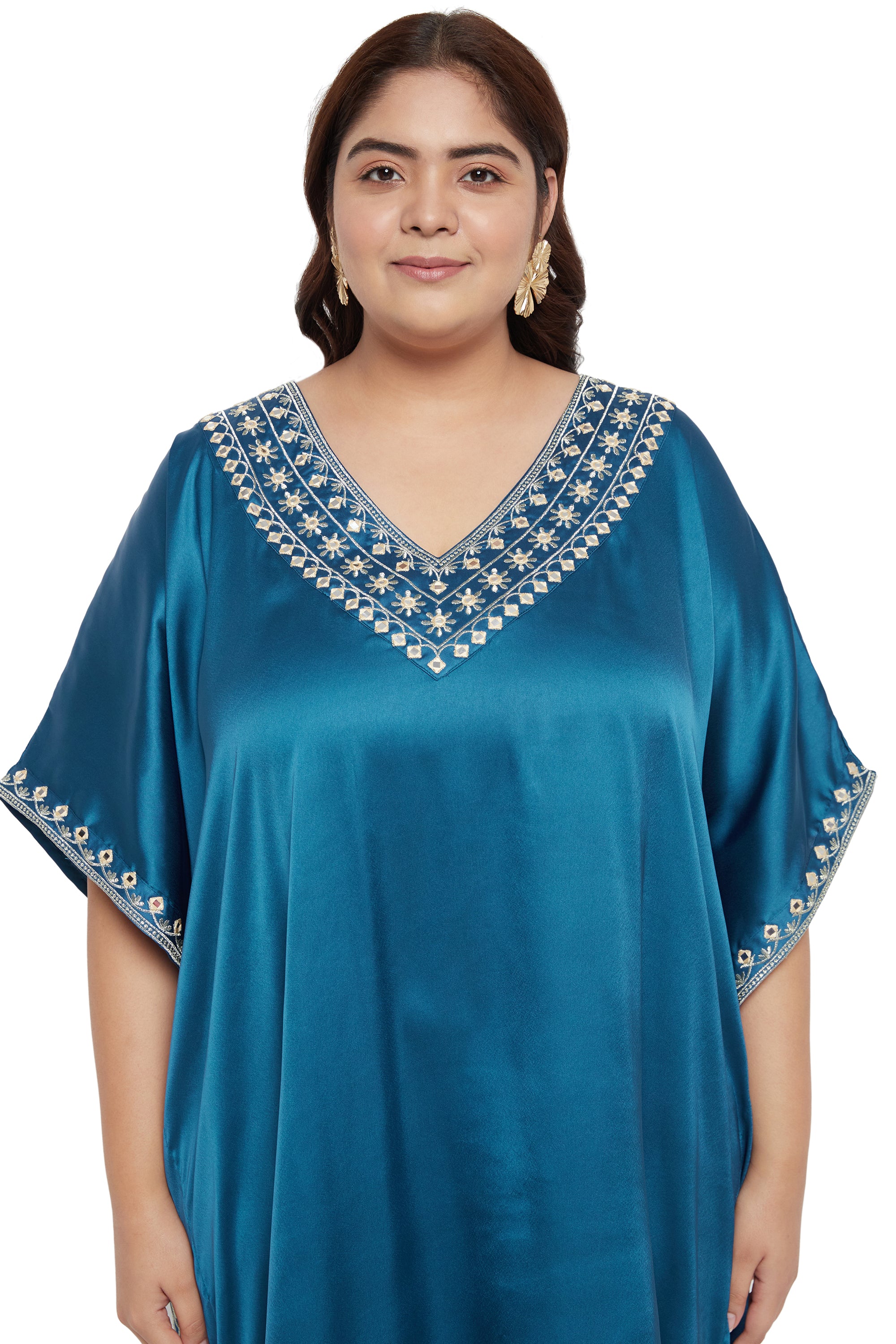 Solid Embroidery Lace Corsair Blue Satin For Plus Size Women Kaftan