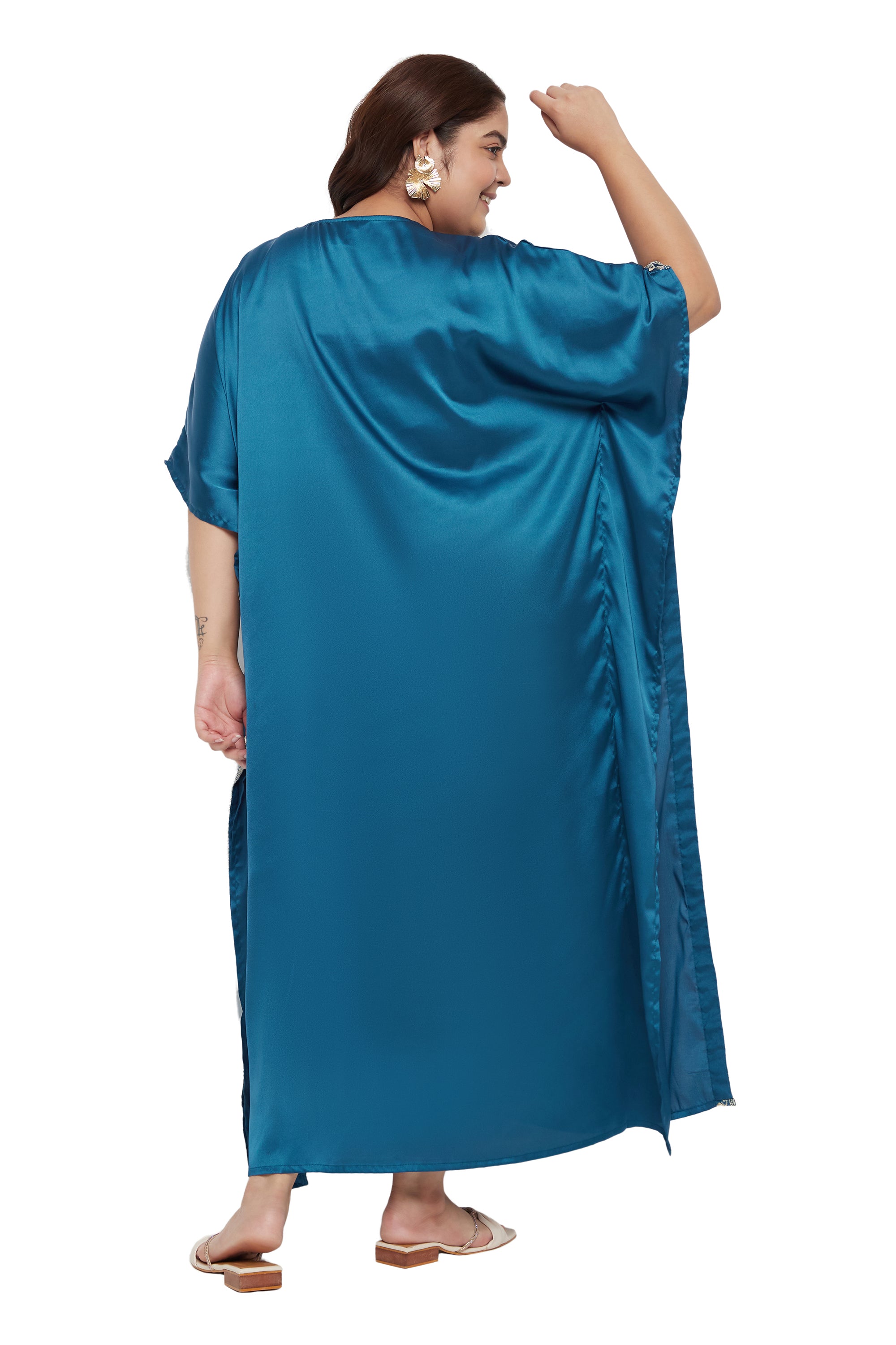 Solid Embroidery Lace Corsair Blue Satin For Plus Size Women Kaftan