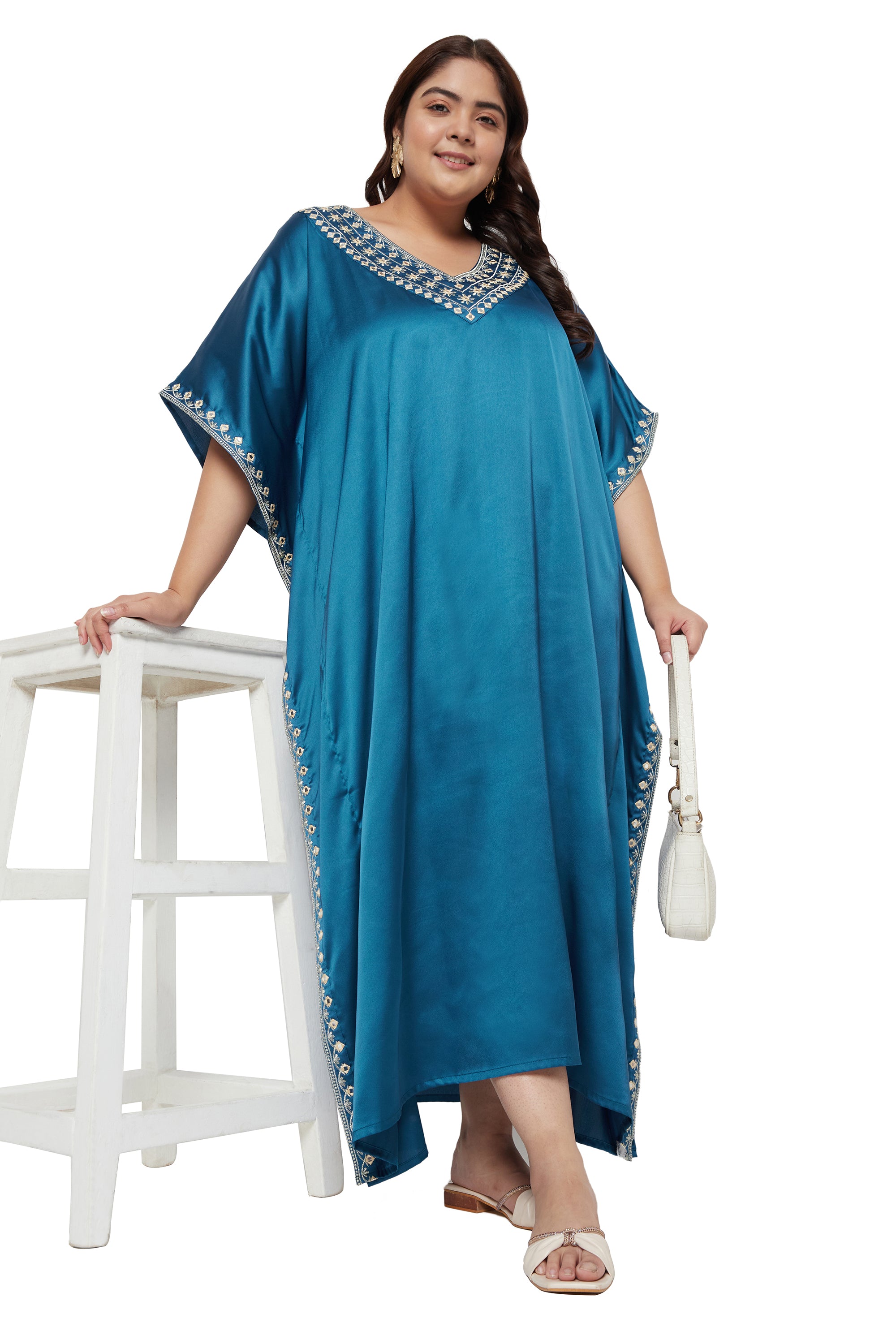Solid Embroidery Lace Corsair Blue Satin For Plus Size Women Kaftan