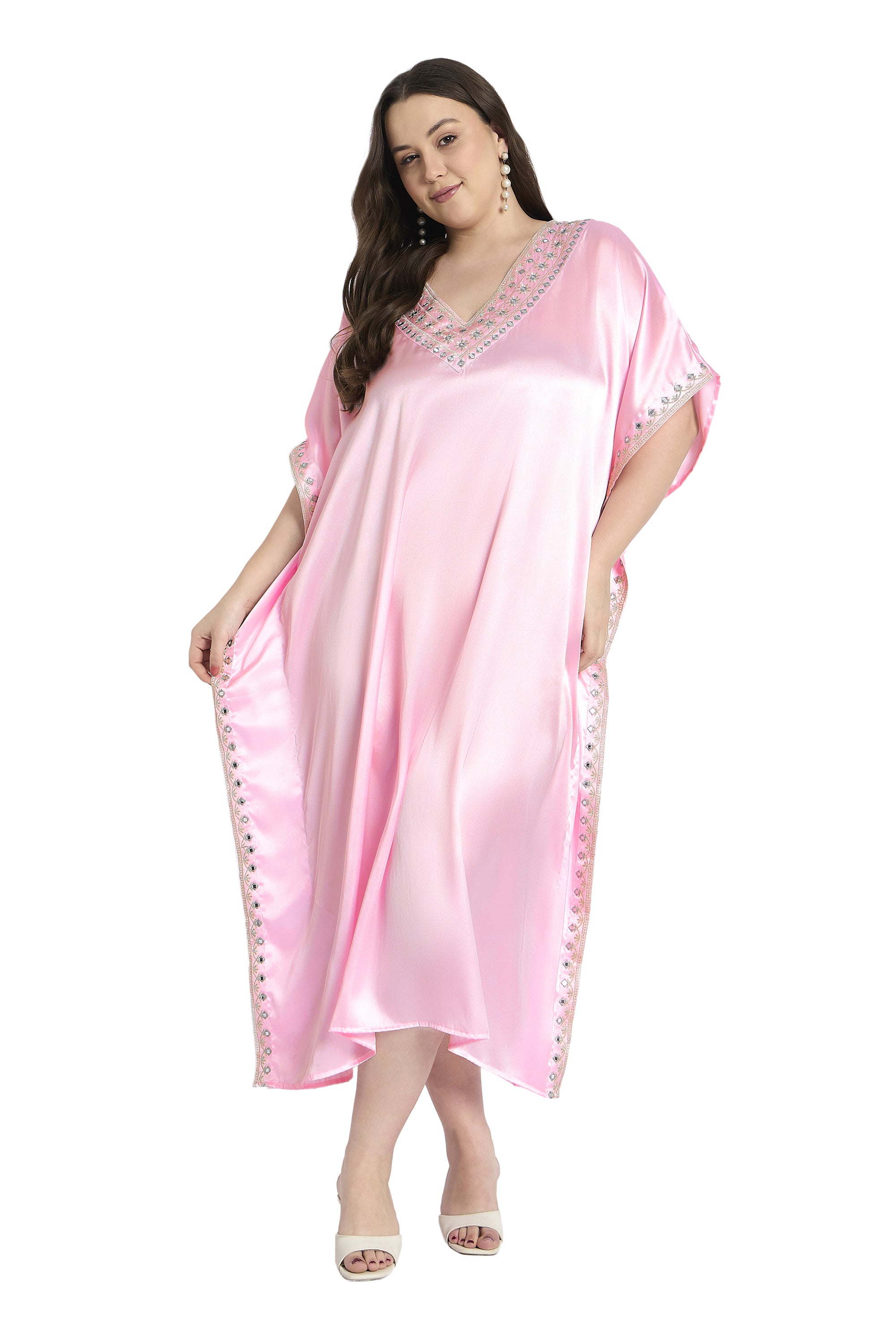 Light Pink Women Elegant Plus Size Satin Embroidery Kaftan