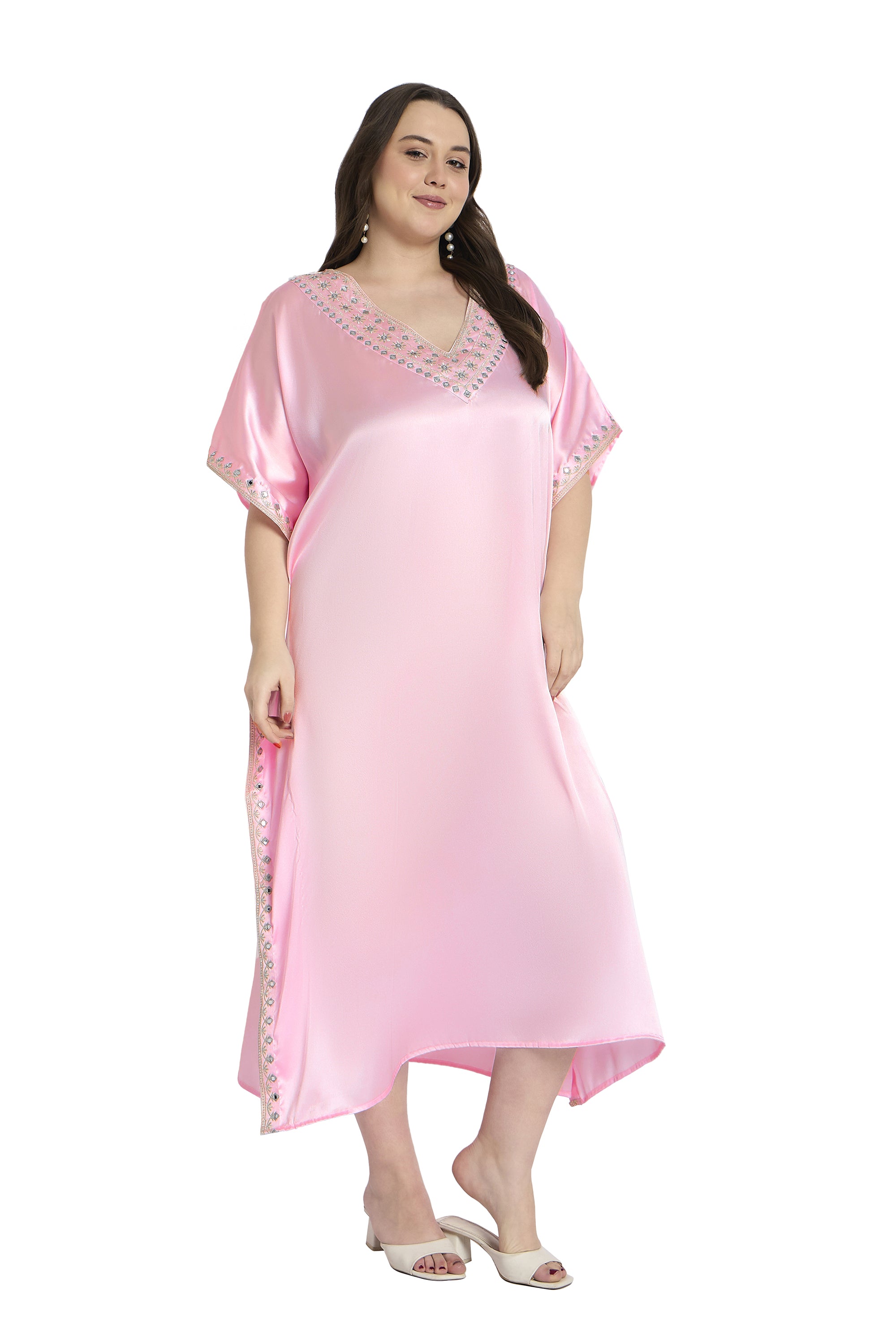 Light Pink Women Elegant Plus Size Satin Embroidery Kaftan