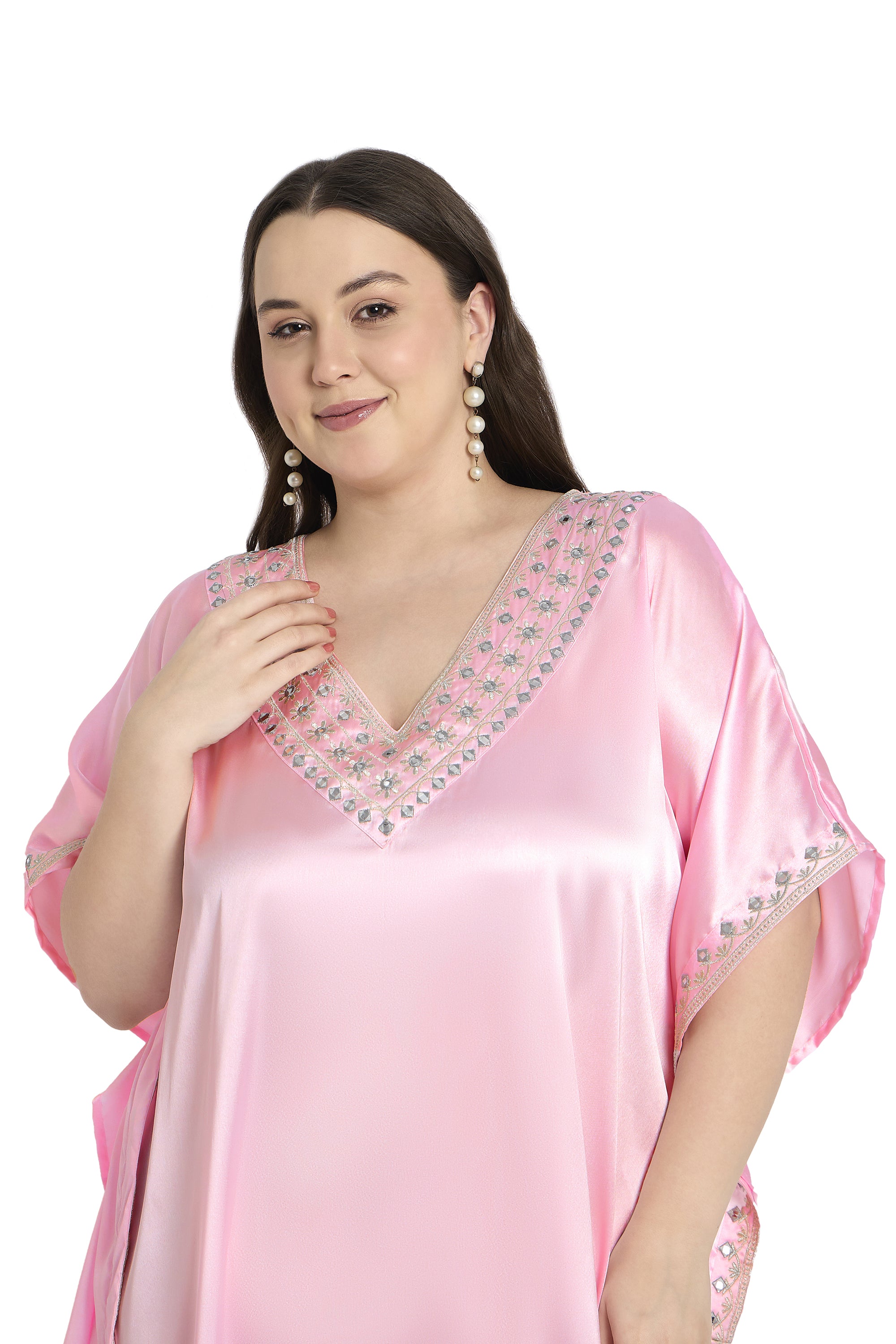 Light Pink Women Elegant Plus Size Satin Embroidery Kaftan