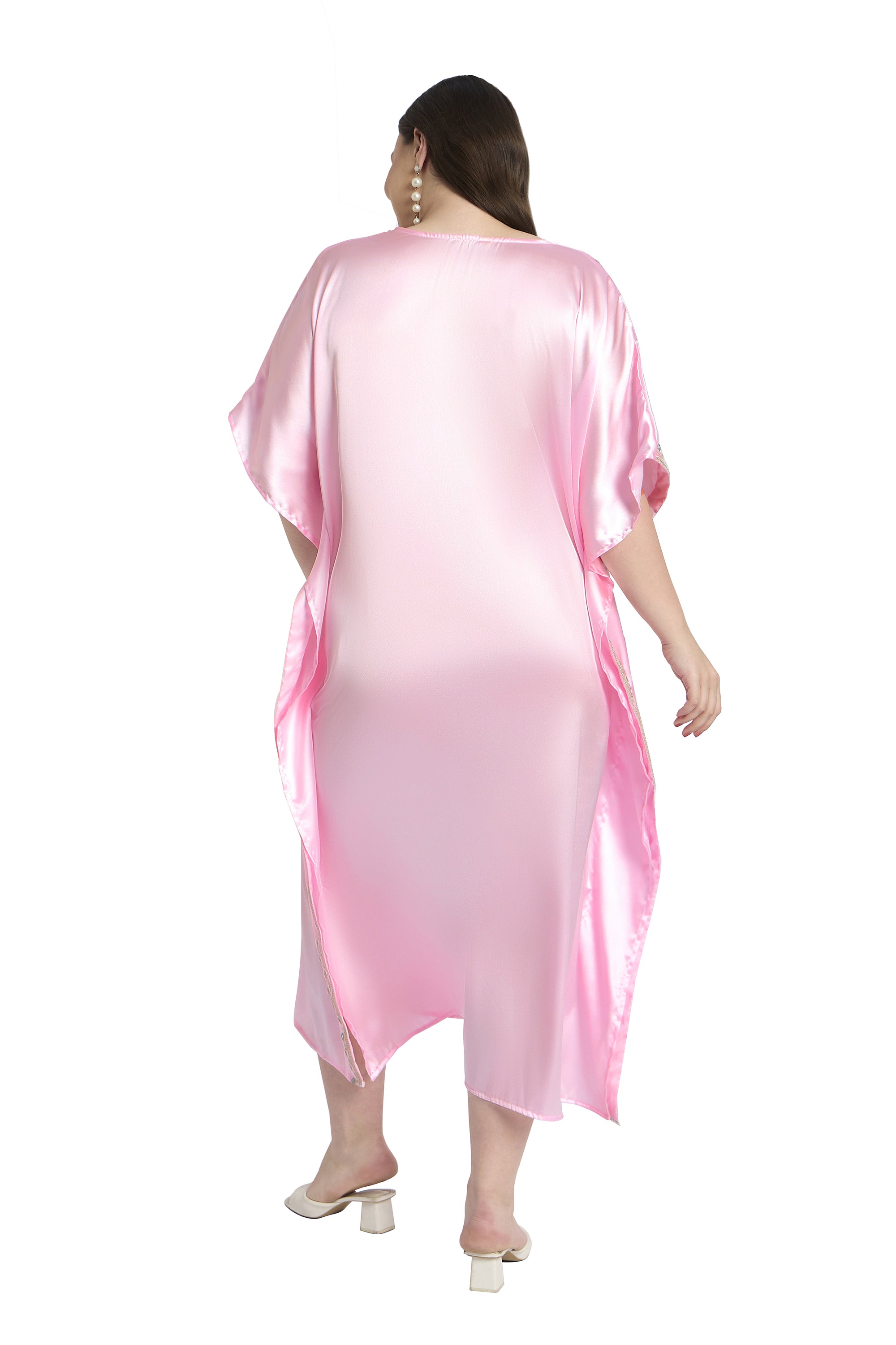 Light Pink Women Elegant Plus Size Satin Embroidery Kaftan