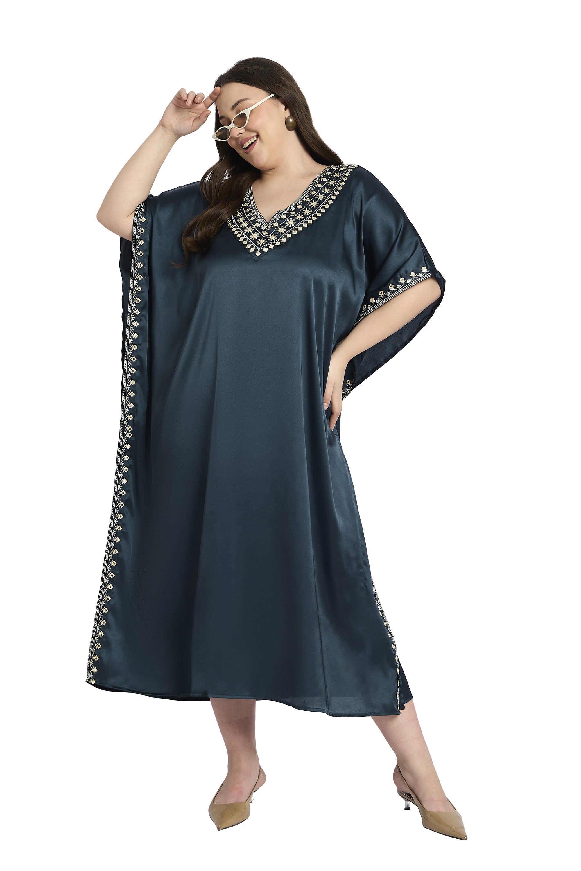 Dark Grey Embroidered Satin Plus Size Kaftan Wedding Dress Outfit