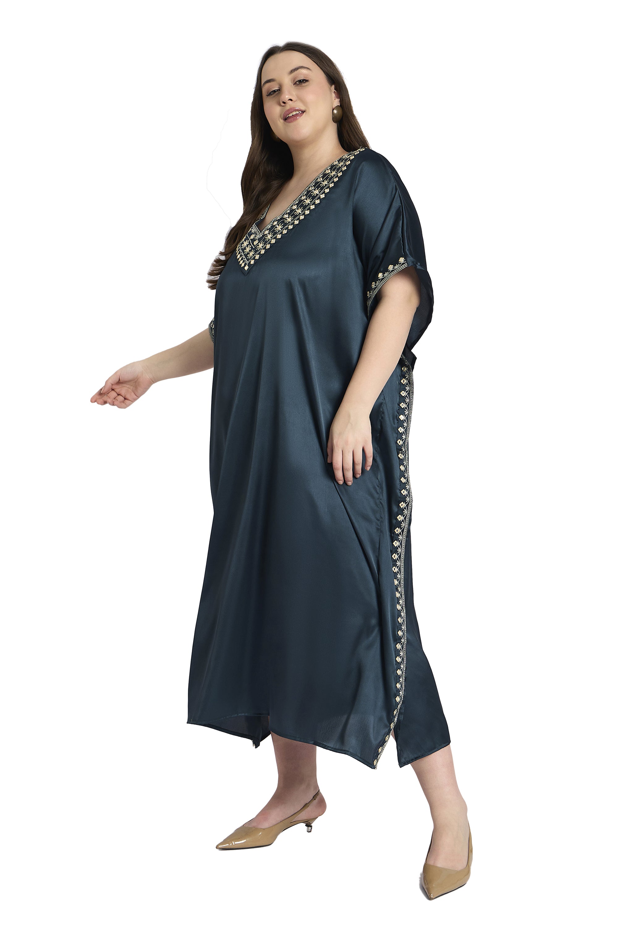 Dark Grey Embroidered Satin Plus Size Kaftan Wedding Dress Outfit