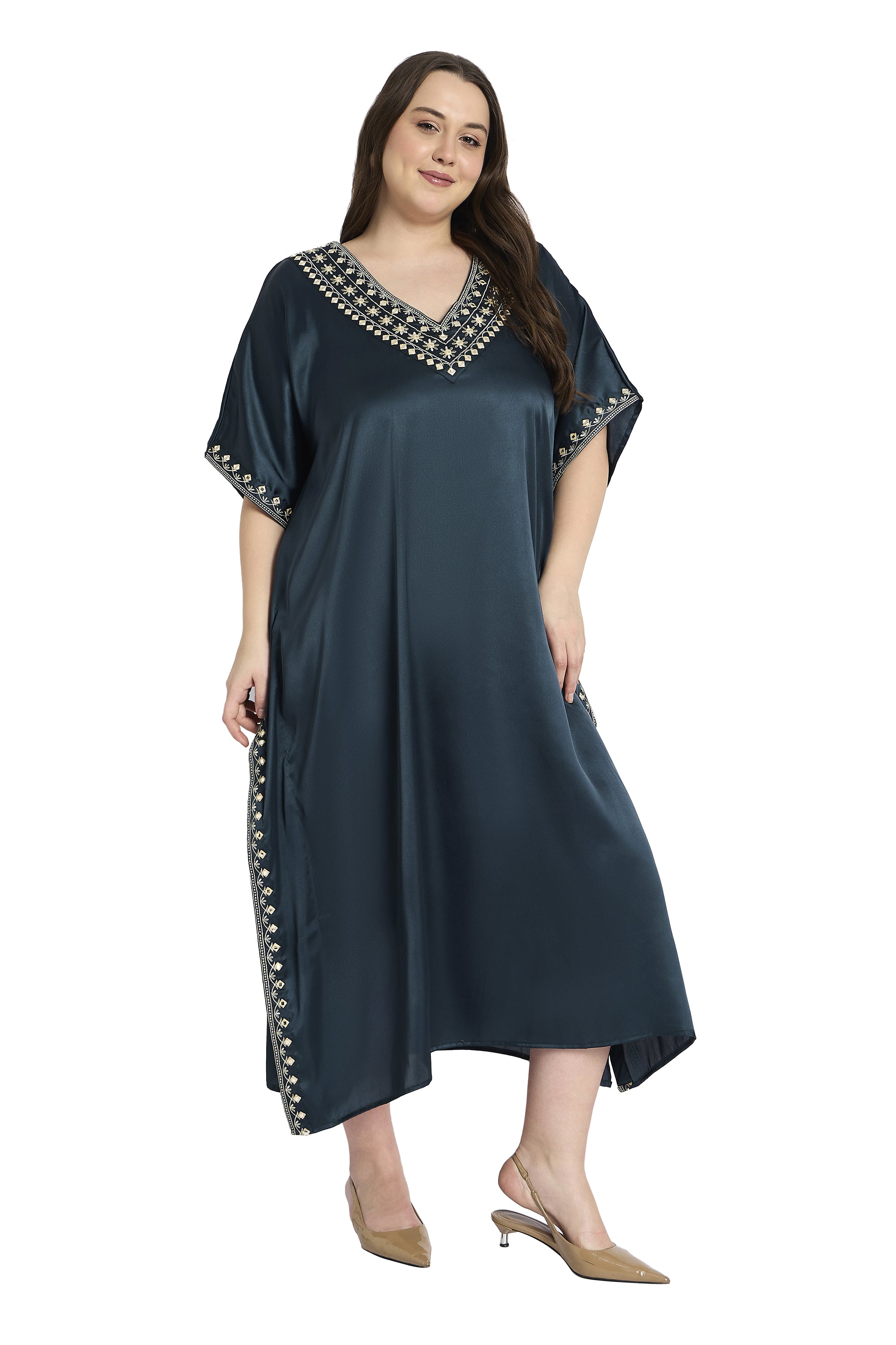 Dark Grey Embroidered Satin Plus Size Kaftan Wedding Dress Outfit