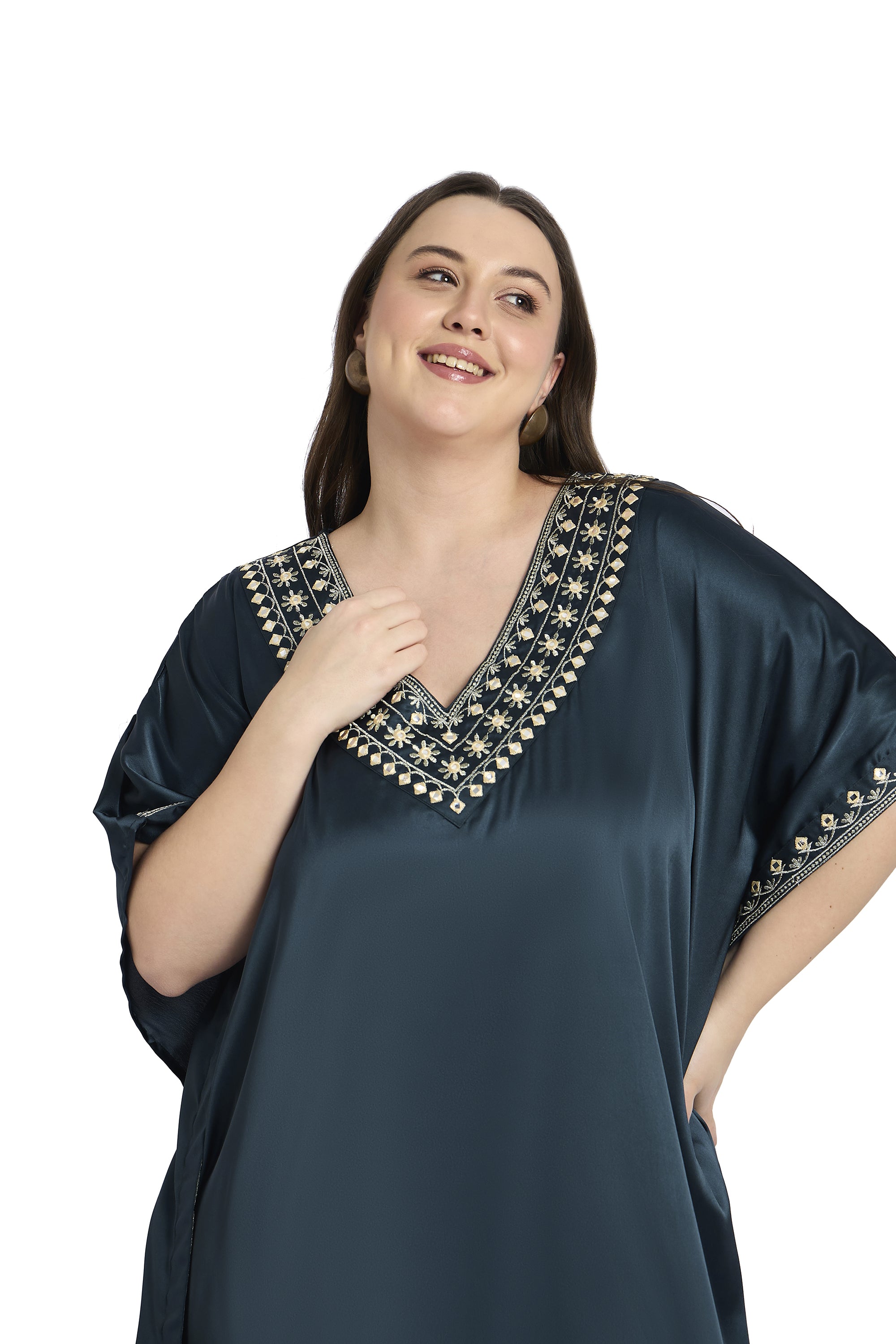 Dark Grey Embroidered Satin Plus Size Kaftan Wedding Dress Outfit