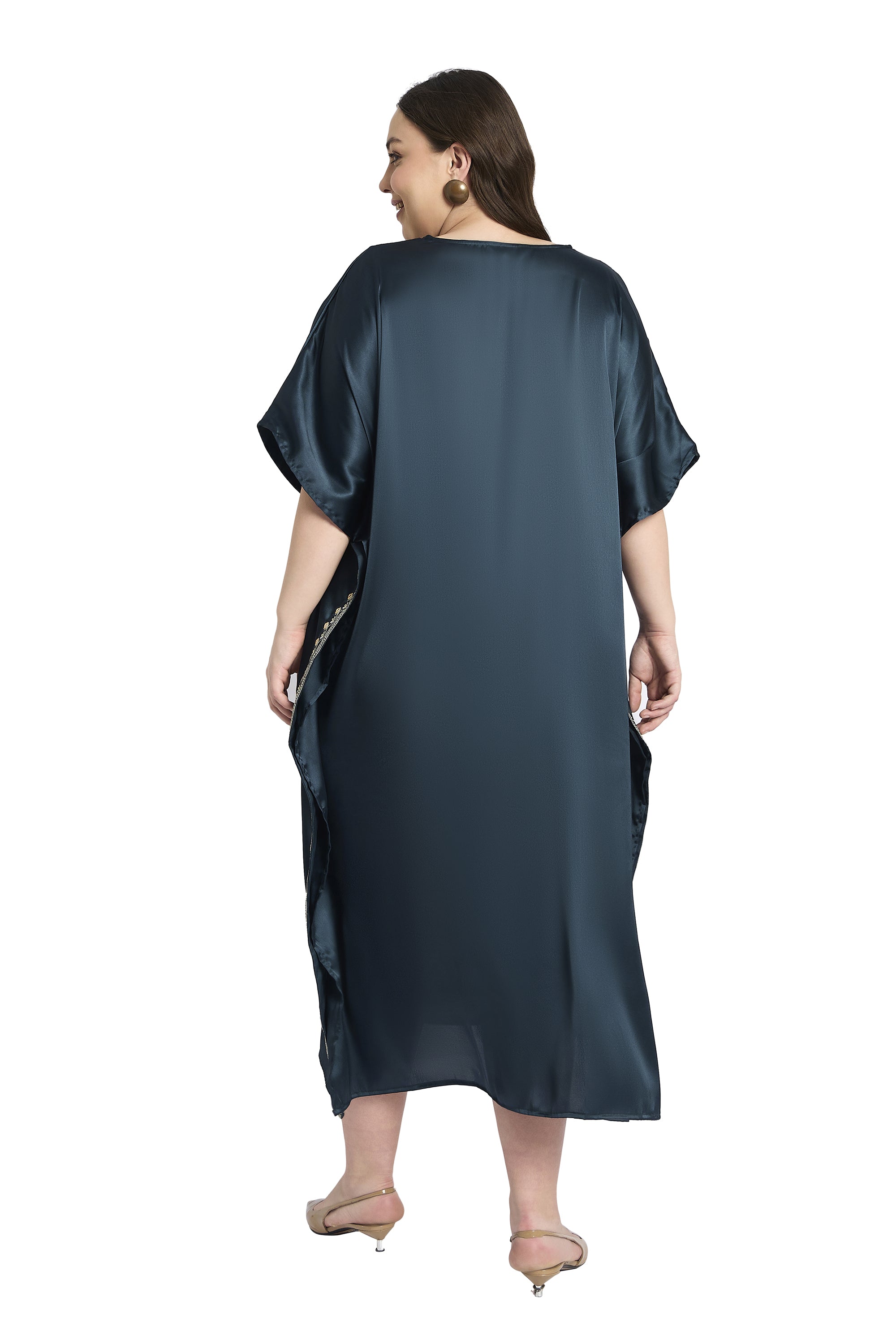 Dark Grey Embroidered Satin Plus Size Kaftan Wedding Dress Outfit