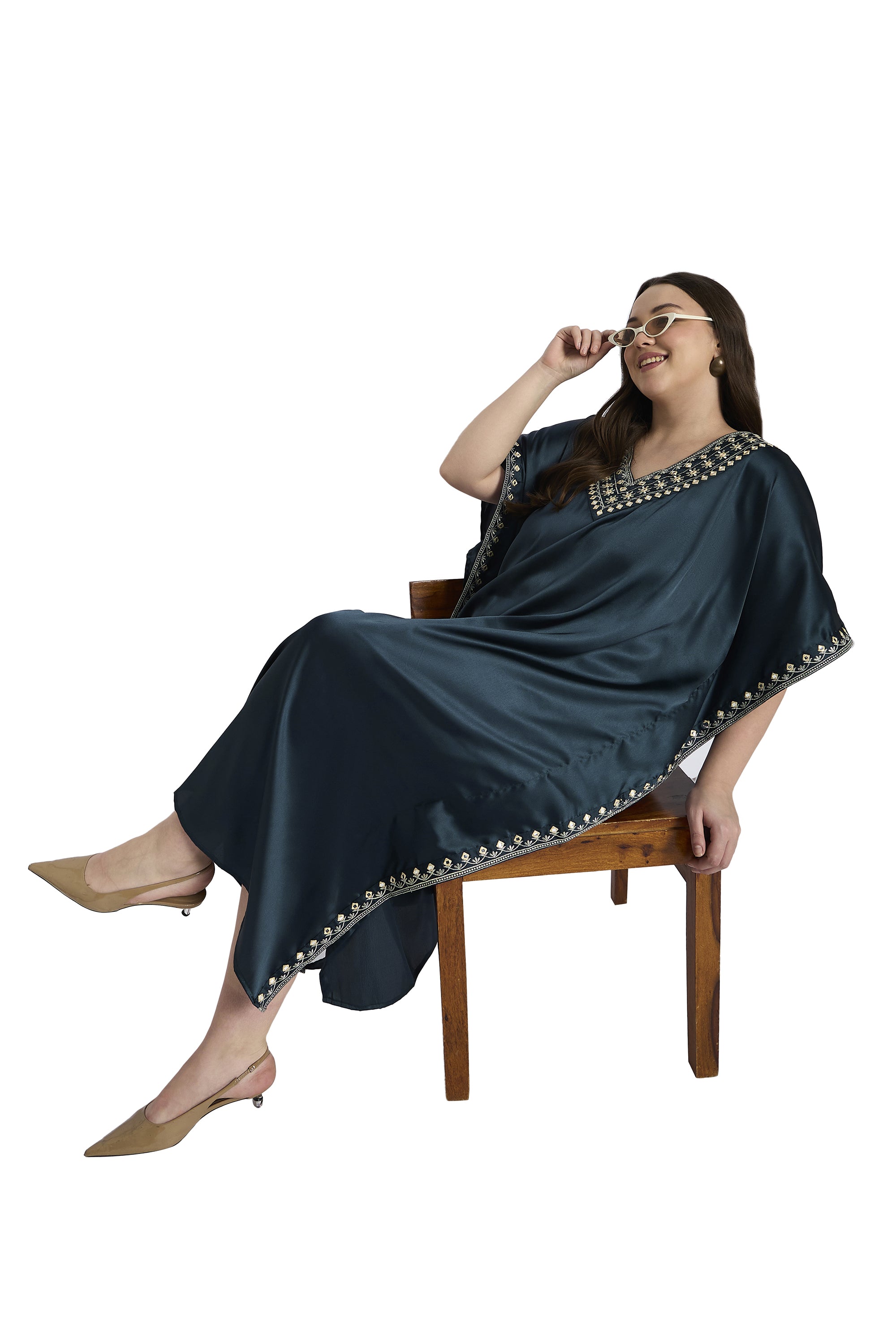 Dark Grey Embroidered Satin Plus Size Kaftan Wedding Dress Outfit