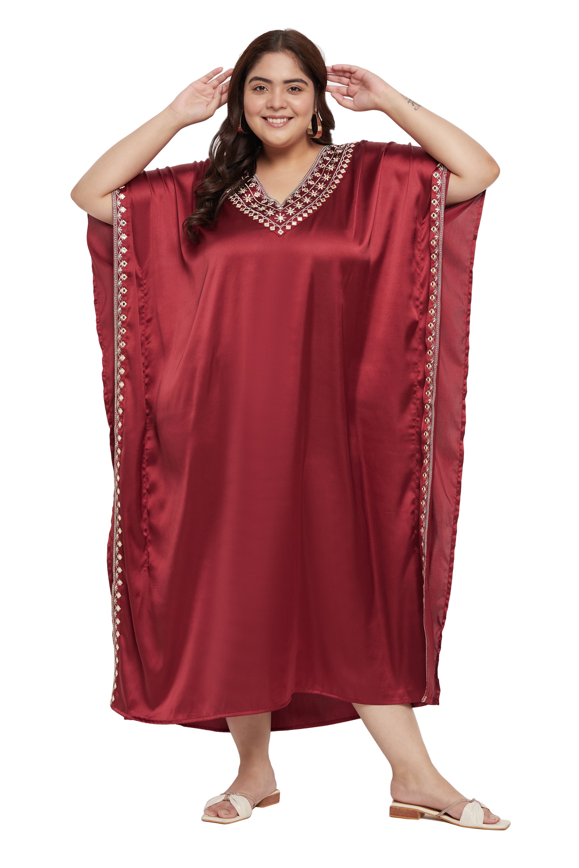 Jester Red Satin Caftan Dress For Plus Size Women With Embroidery