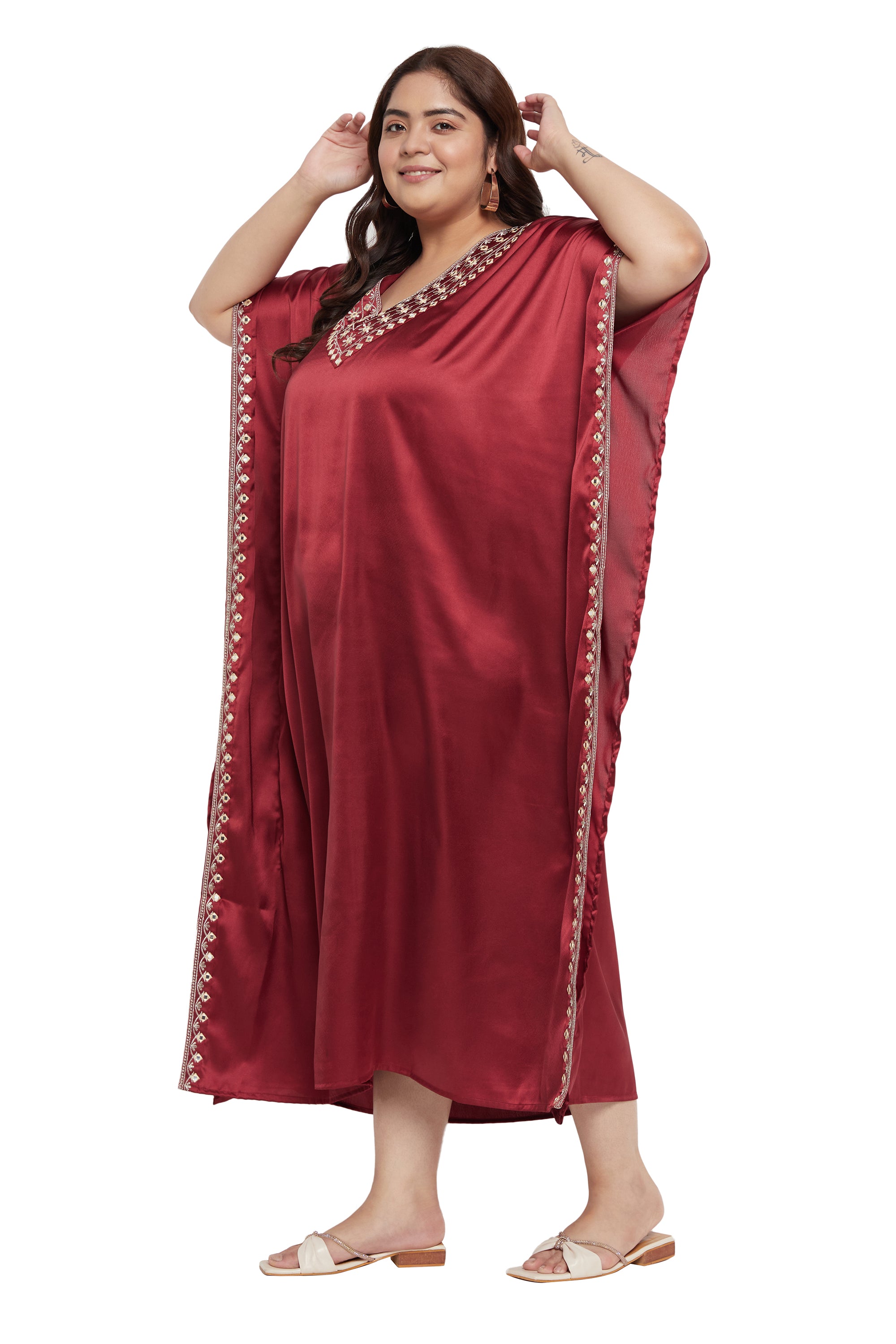 Jester Red Satin Caftan Dress For Plus Size Women With Embroidery