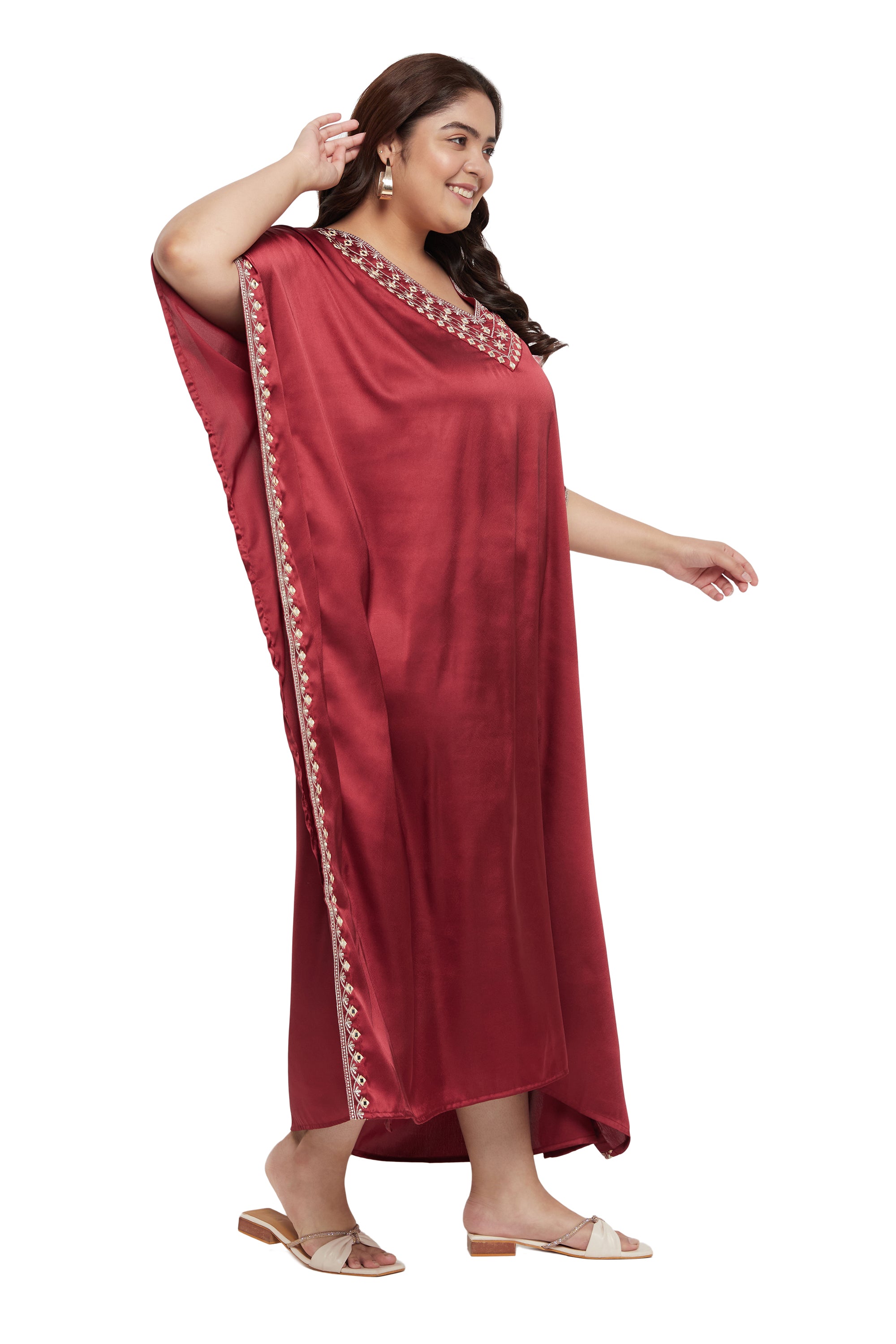 Jester Red Satin Caftan Dress For Plus Size Women With Embroidery