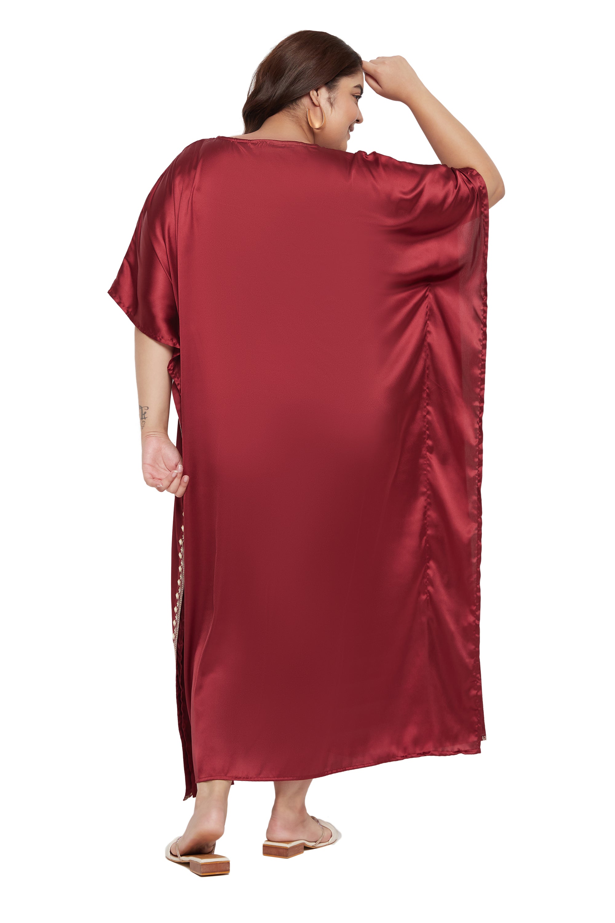 Jester Red Satin Caftan Dress For Plus Size Women With Embroidery