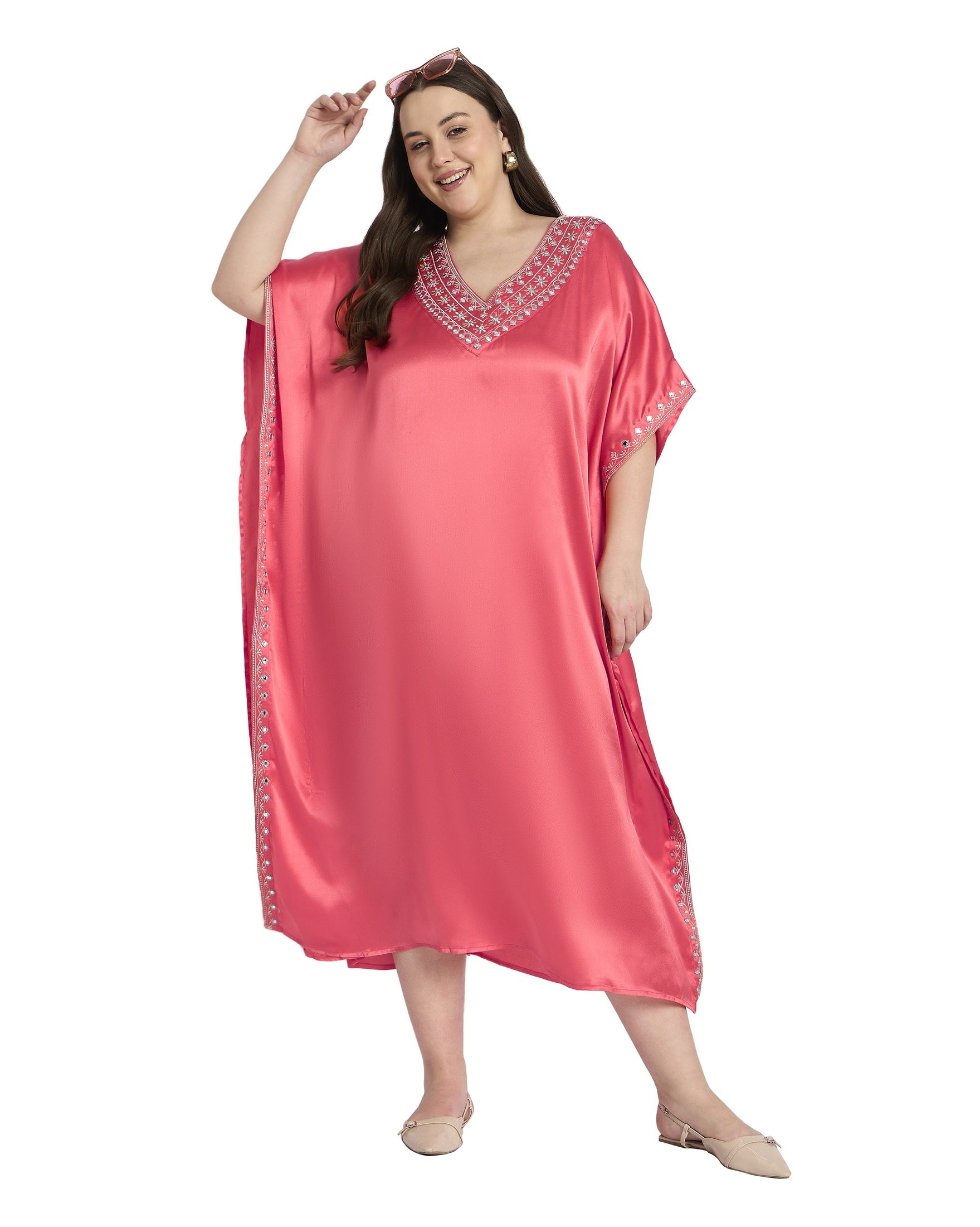 Salmon Pink Embroidered Satin Kaftan For Women Plus Size | Gypsie Blu Salmon Pink Embroidered Satin Kaftan For Women Plus Size | Gypsie Blu