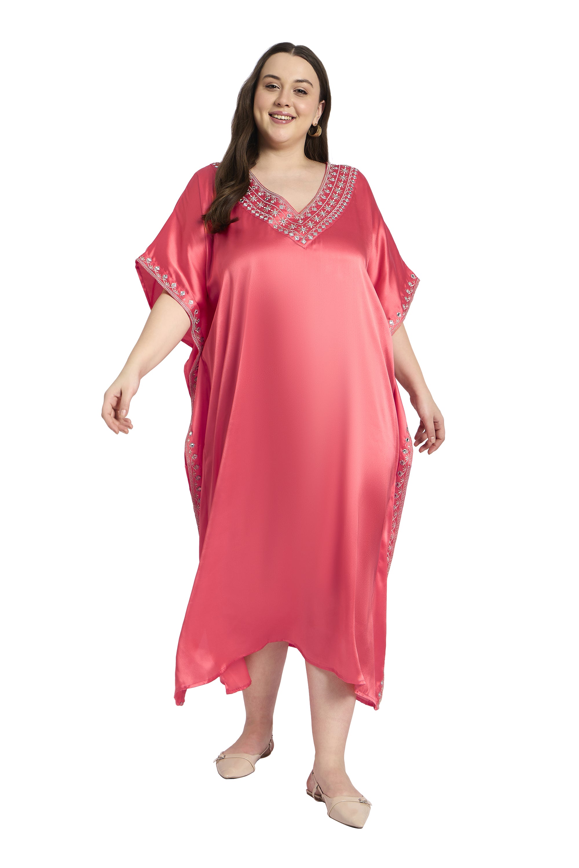 Women Plus Size Embroidery Satin Pink Kaftan