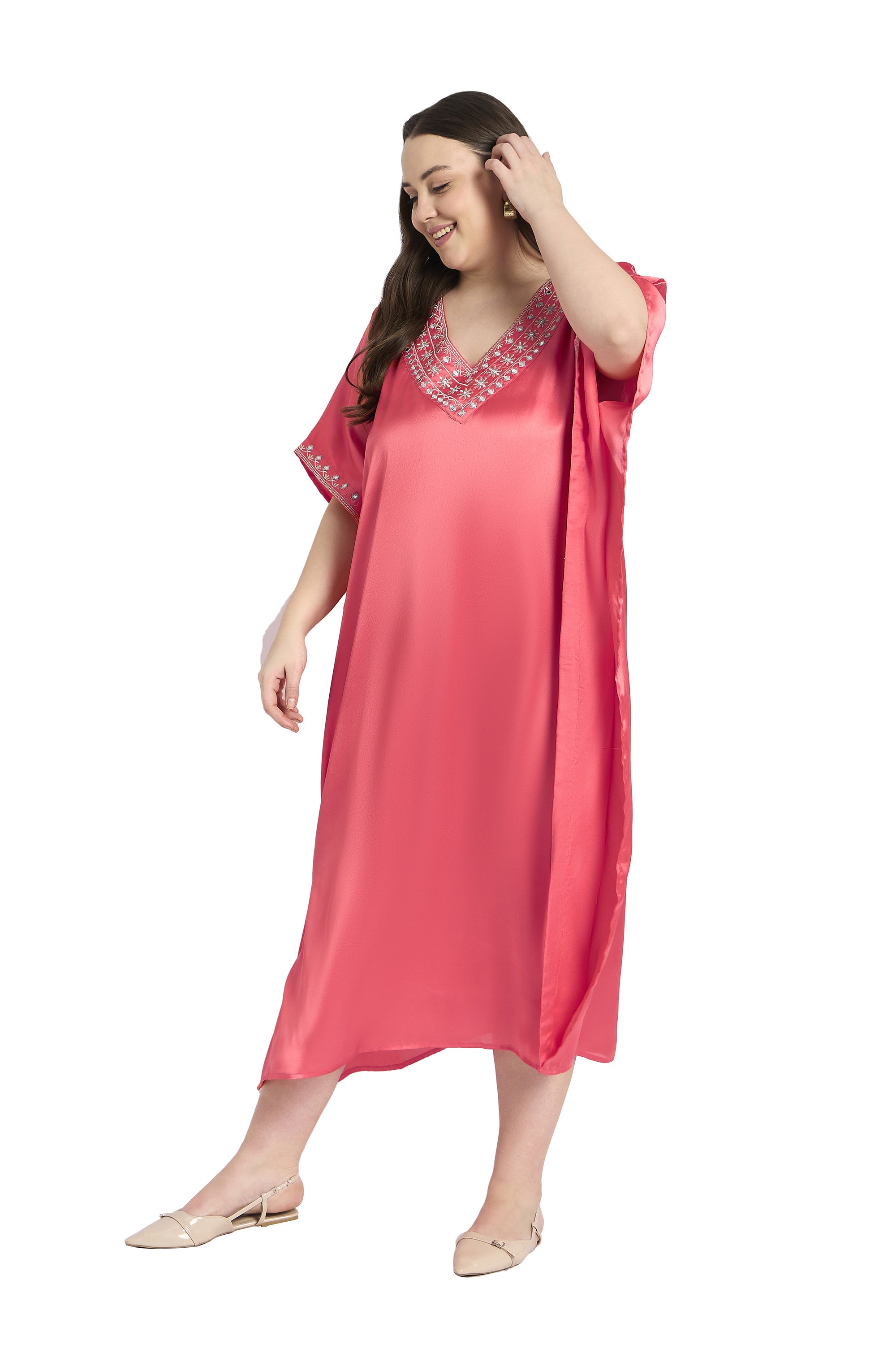 Women Plus Size Embroidery Satin Pink Kaftan