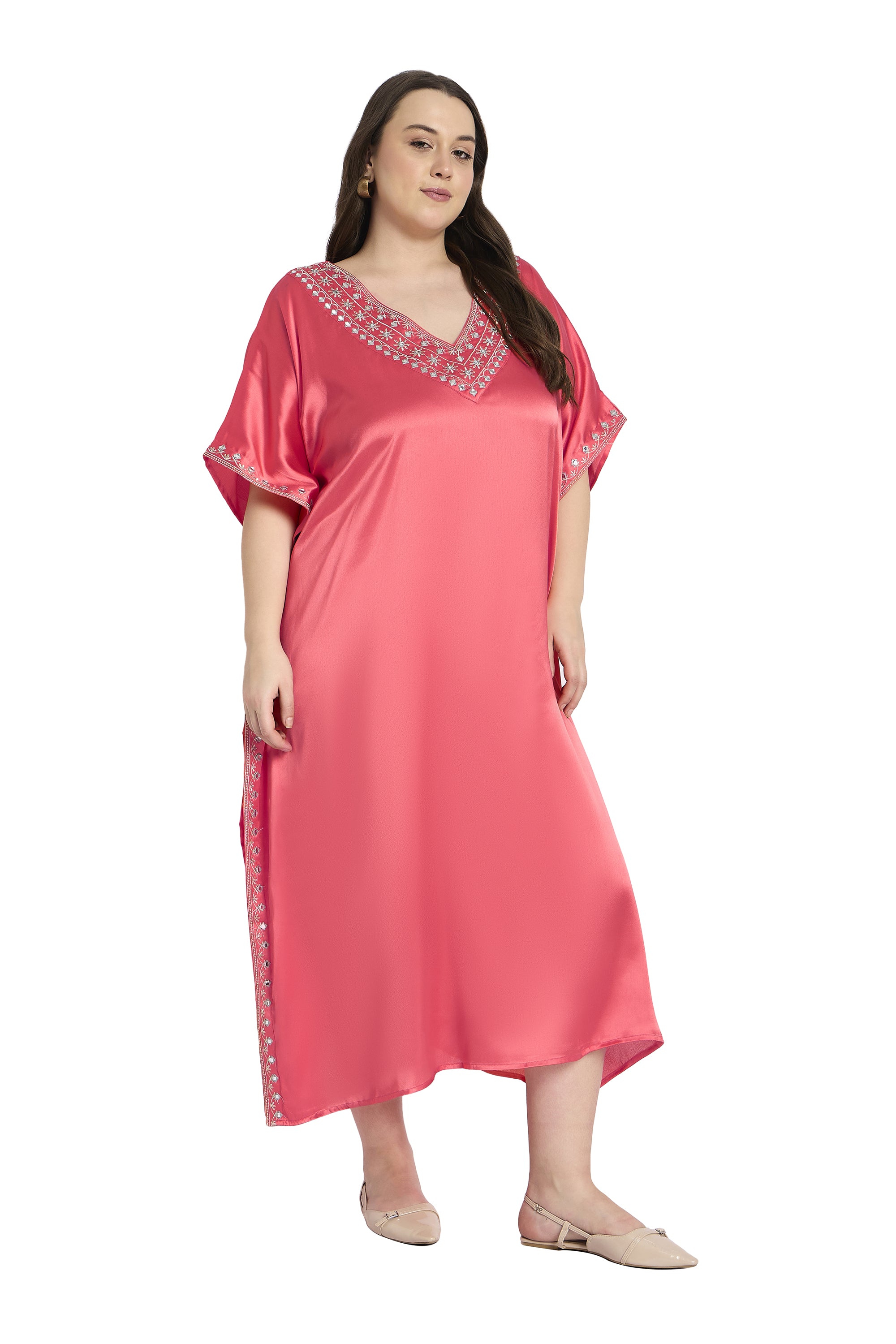 Women Plus Size Embroidery Satin Pink Kaftan