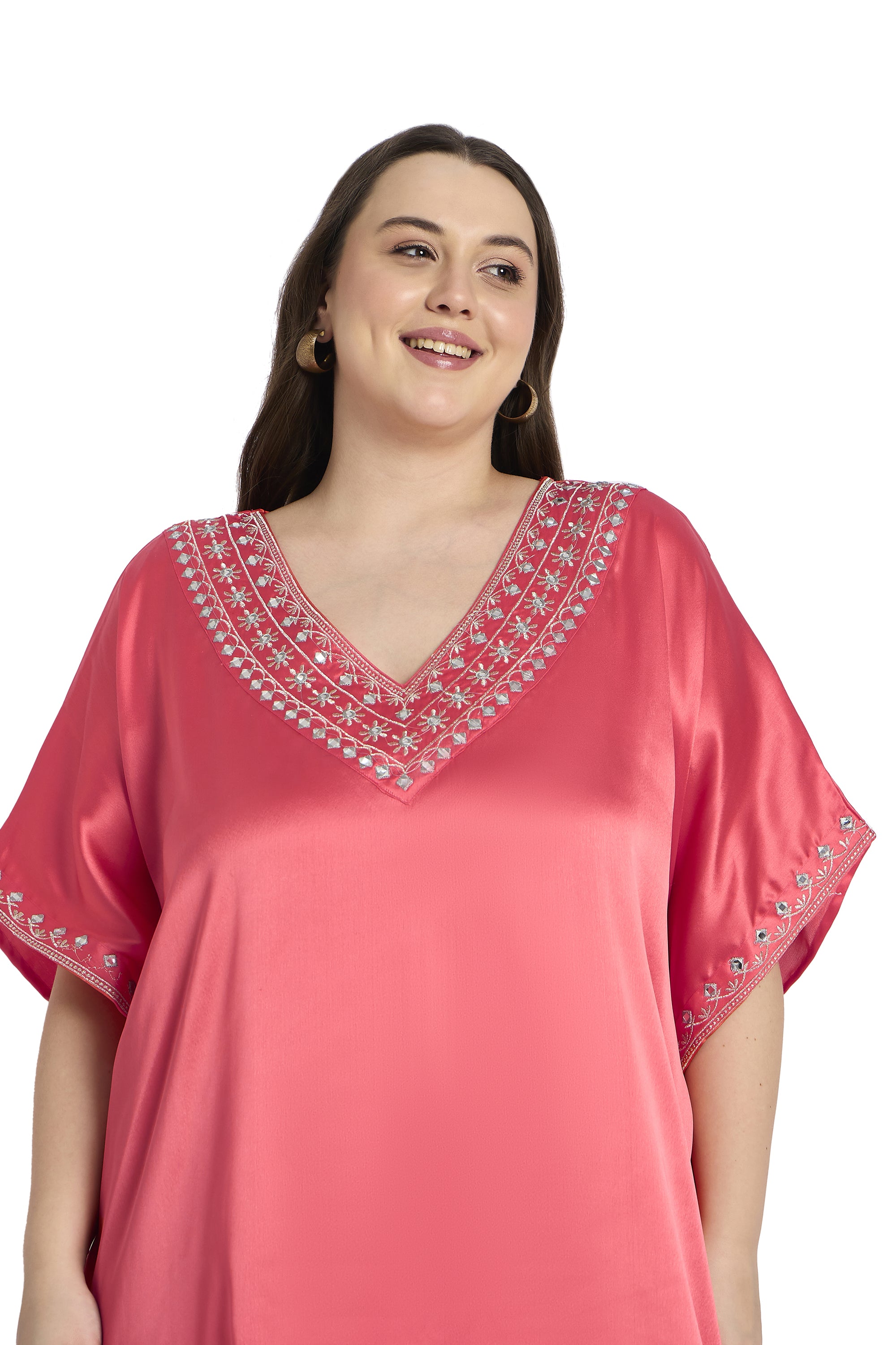 Women Plus Size Embroidery Satin Pink Kaftan