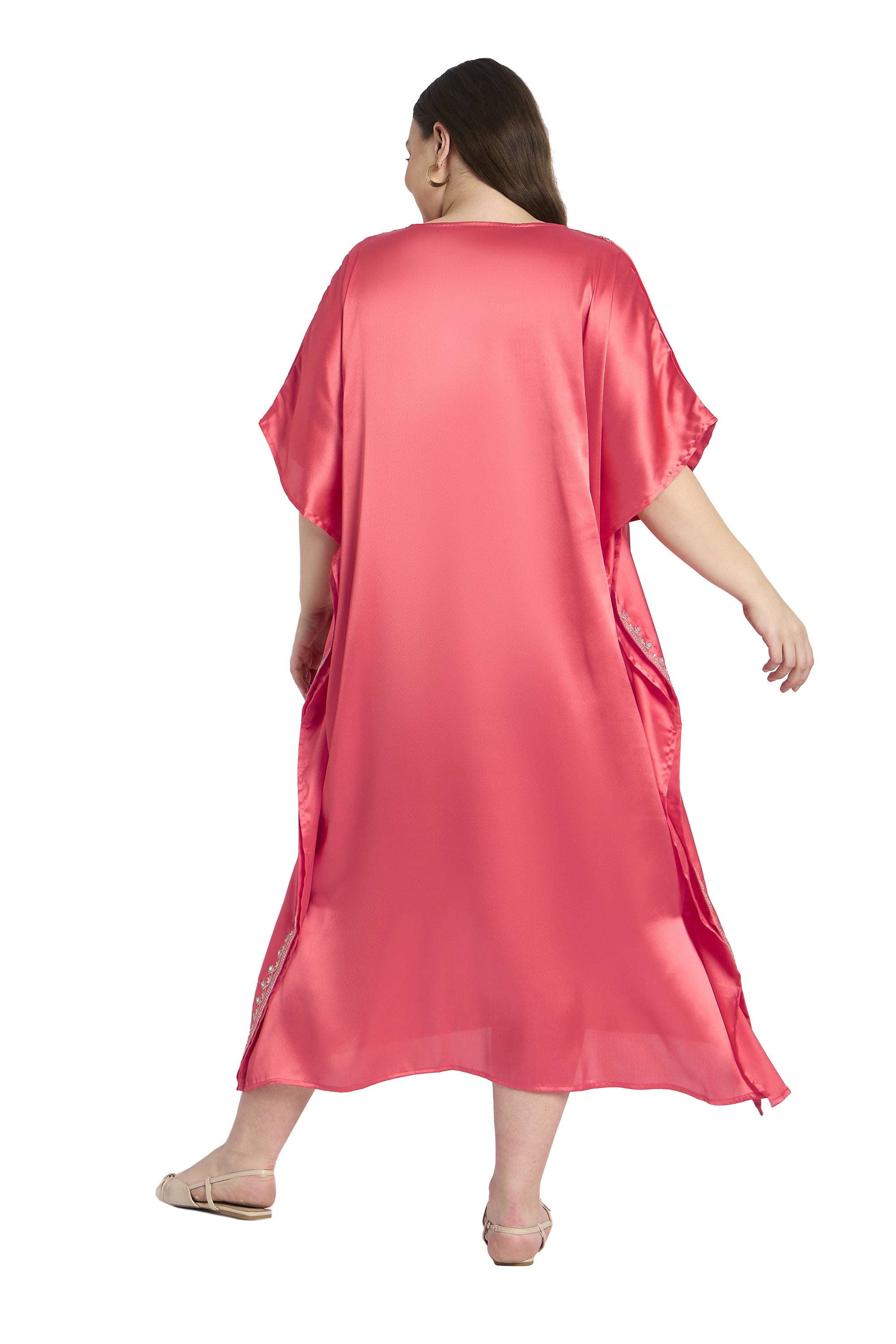 Women Plus Size Embroidery Satin Pink Kaftan